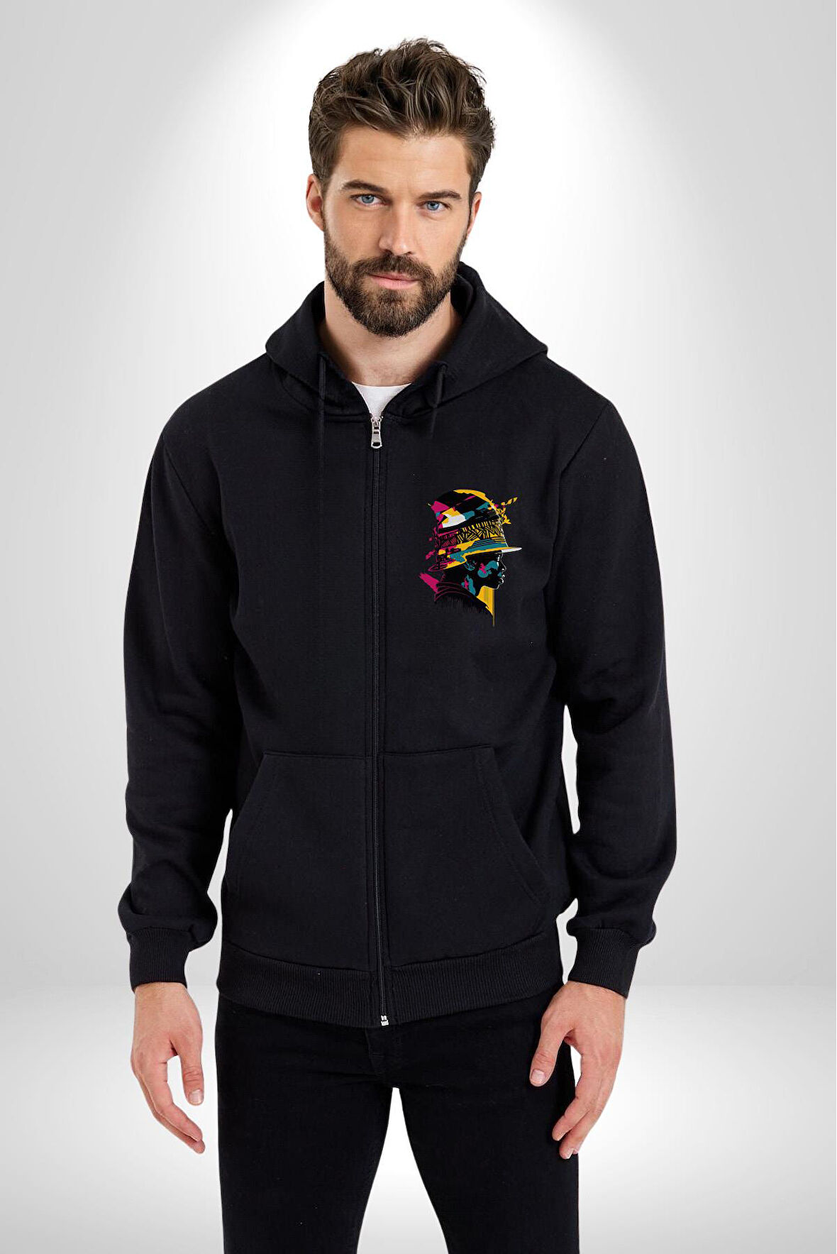 Canlı Afrobeat Füzyon Renkli Siluet Kadın Erkek Siyah Renk Kapüşonlu Kanguru Cepli  Fermuarlı Pamuklu Oversize Dijital Baskılı Hırka Sweatshirt