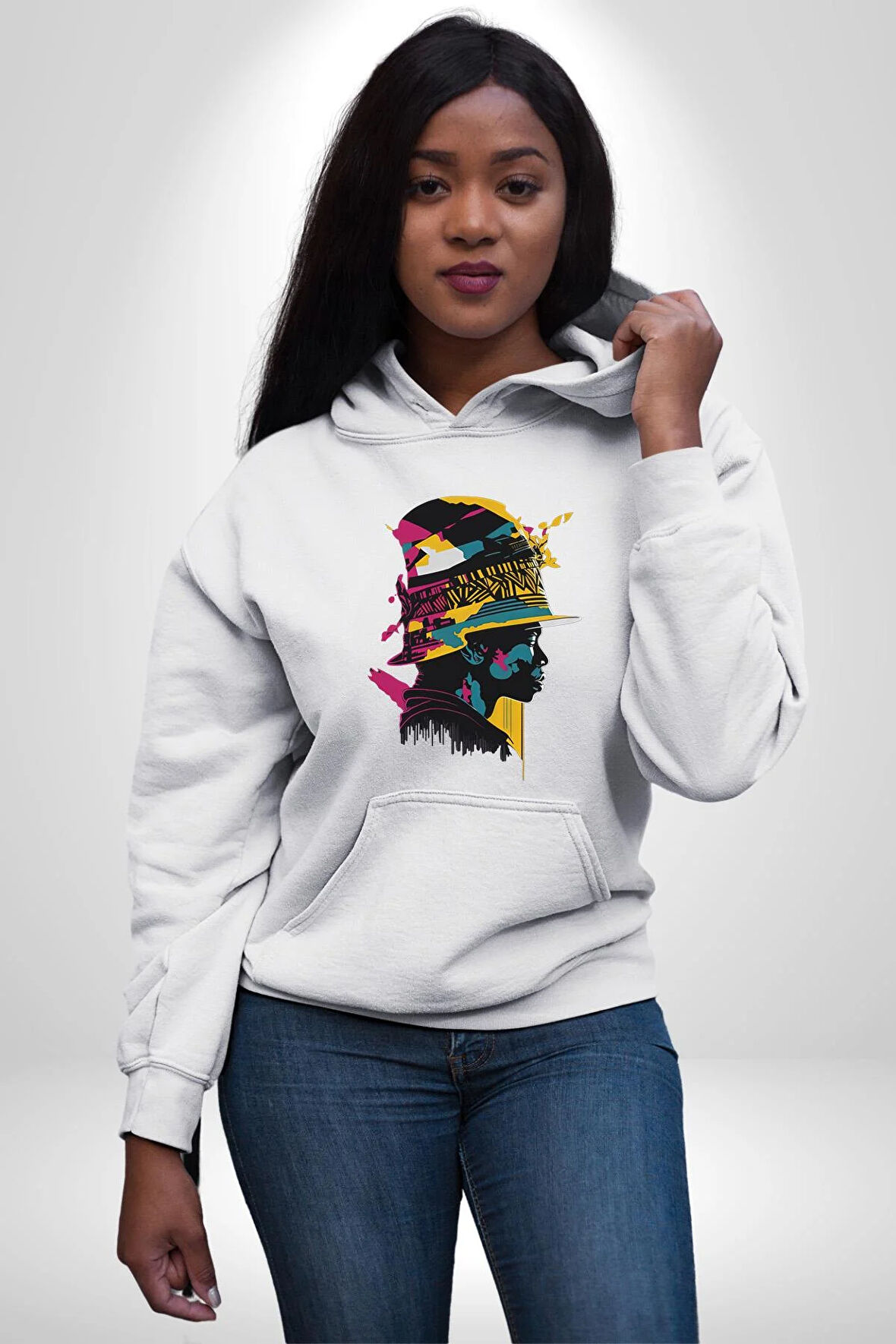 Canlı Afrobeat Füzyon Renkli Siluet Kadın Erkek  Beyaz Kapüşonlu Sweatshirt Hoodie