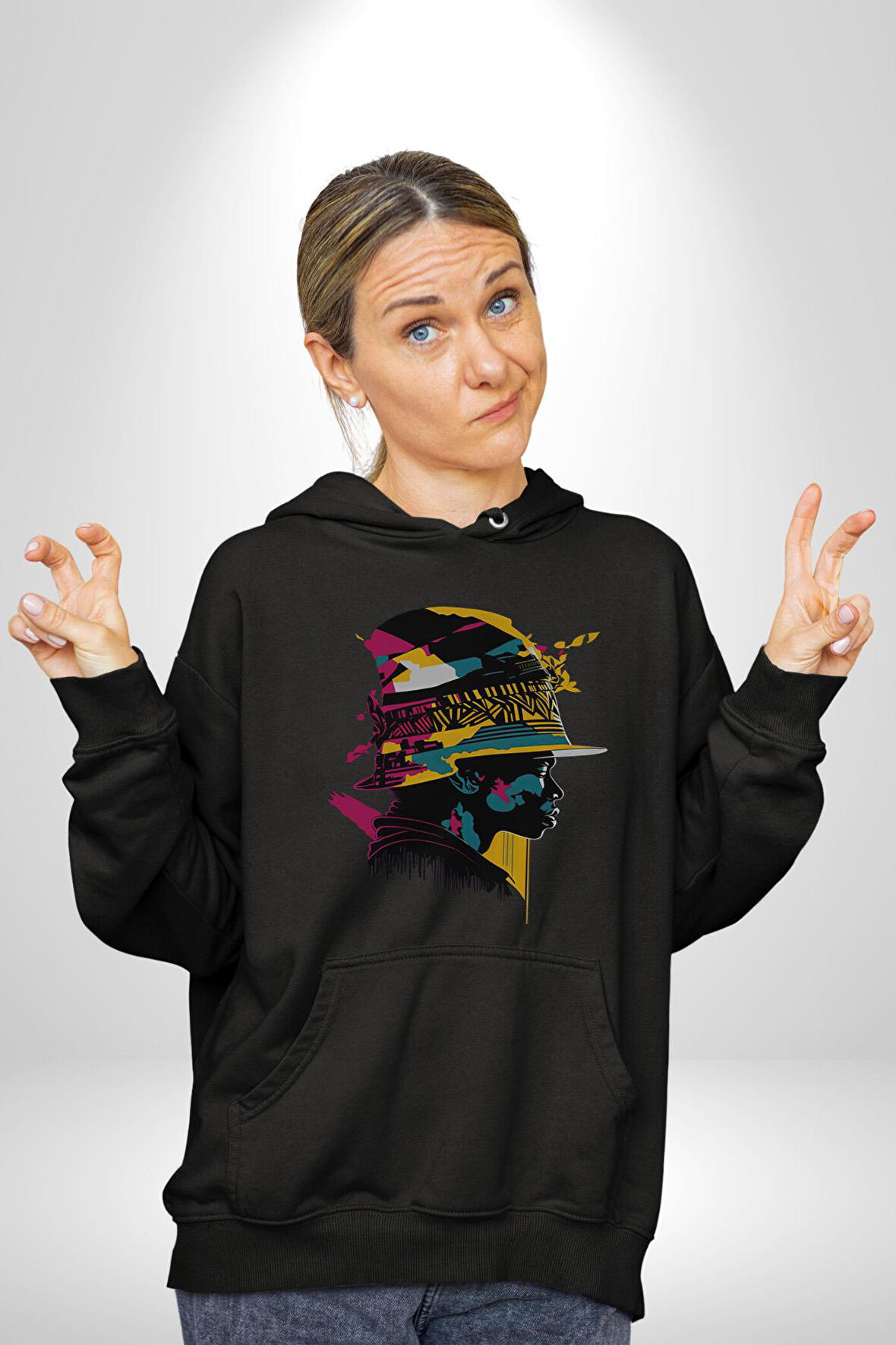 Canlı Afrobeat Füzyon Renkli Siluet Kadın Erkek  Siyah Kapüşonlu Sweatshirt Hoodie