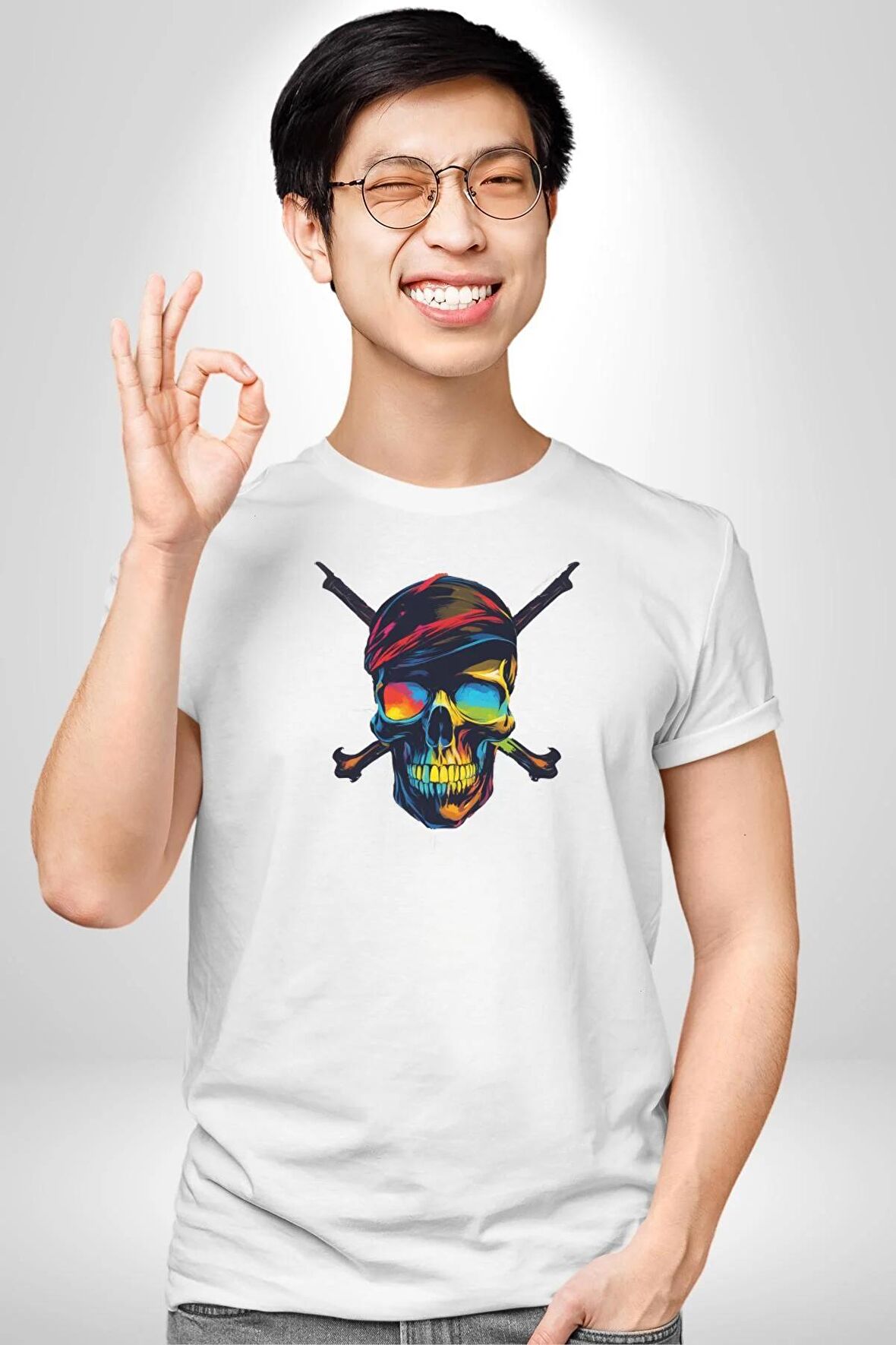 Korsan Kurukafa Kadın Erkek Unisex Beyaz Organik Baskılı T-Shirt Penye Yüksek Kalite