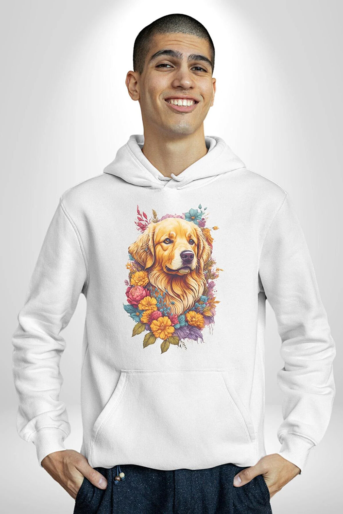 Golden Çiçekli Baby Face Kadın Erkek  Beyaz Kapüşonlu Sweatshirt Hoodie