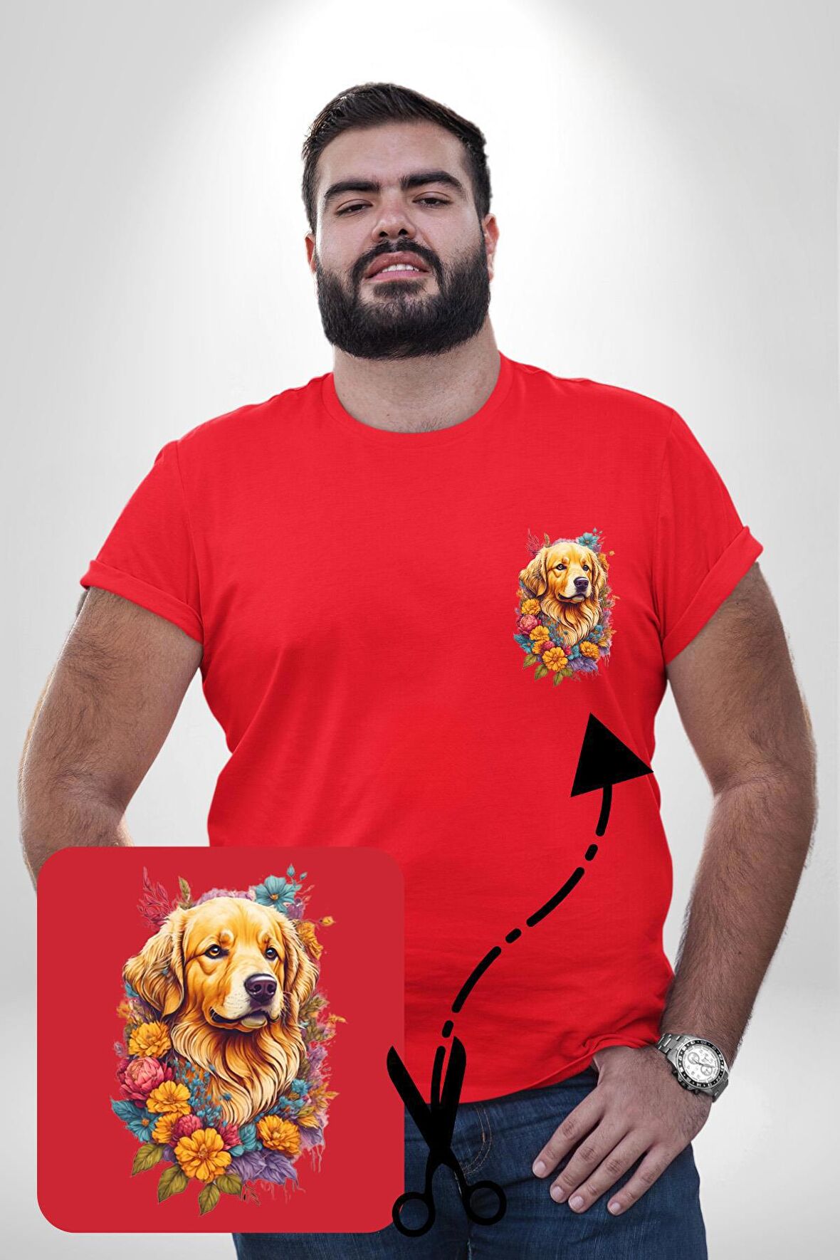 Golden Çiçekli Baby Face Kırmızı Büyük Beden Kadın Basic Minimal Baskılı Tişört