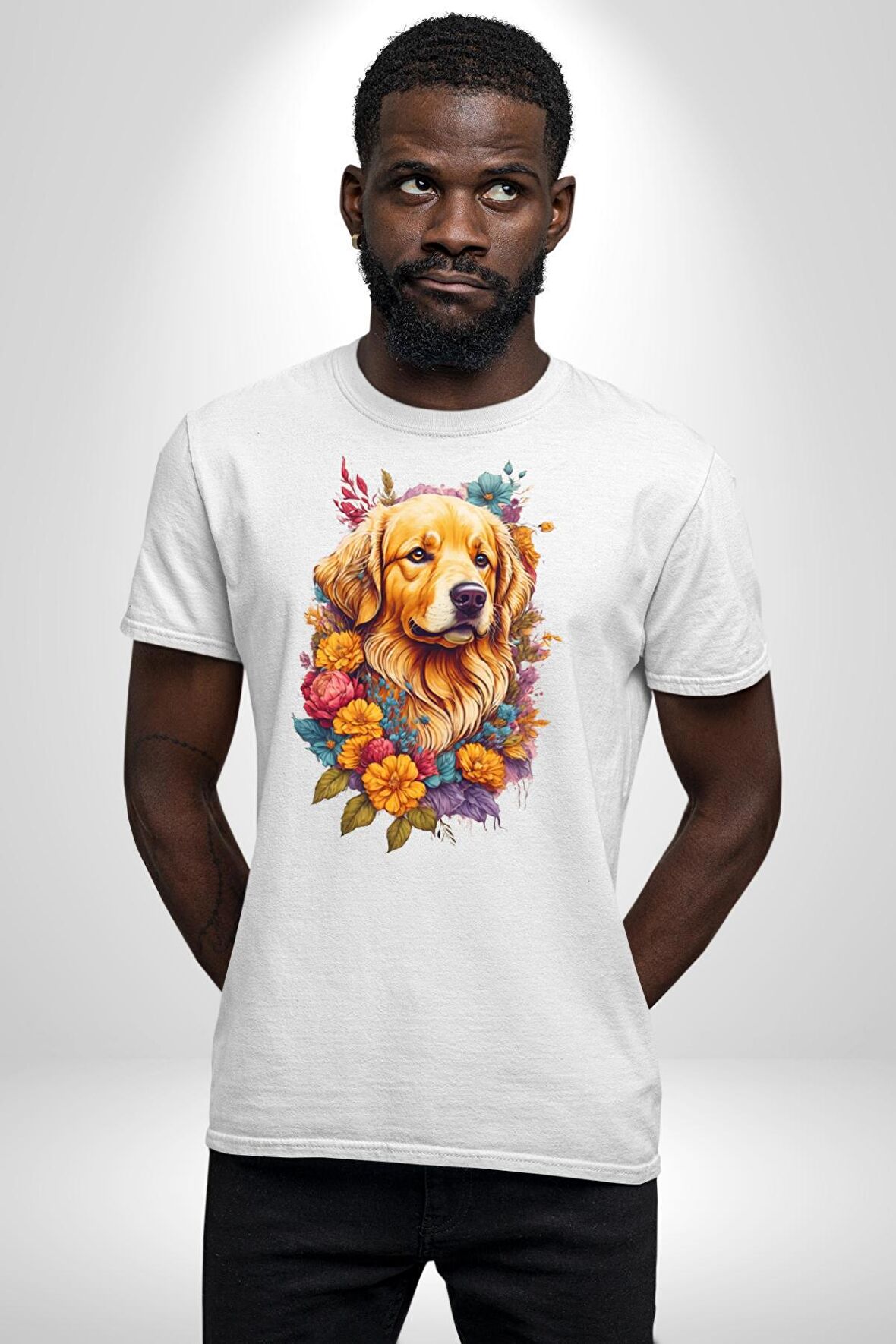 Golden Çiçekli Baby Face Kadın Erkek Unisex Beyaz Organik Baskılı T-Shirt Penye Yüksek Kalite