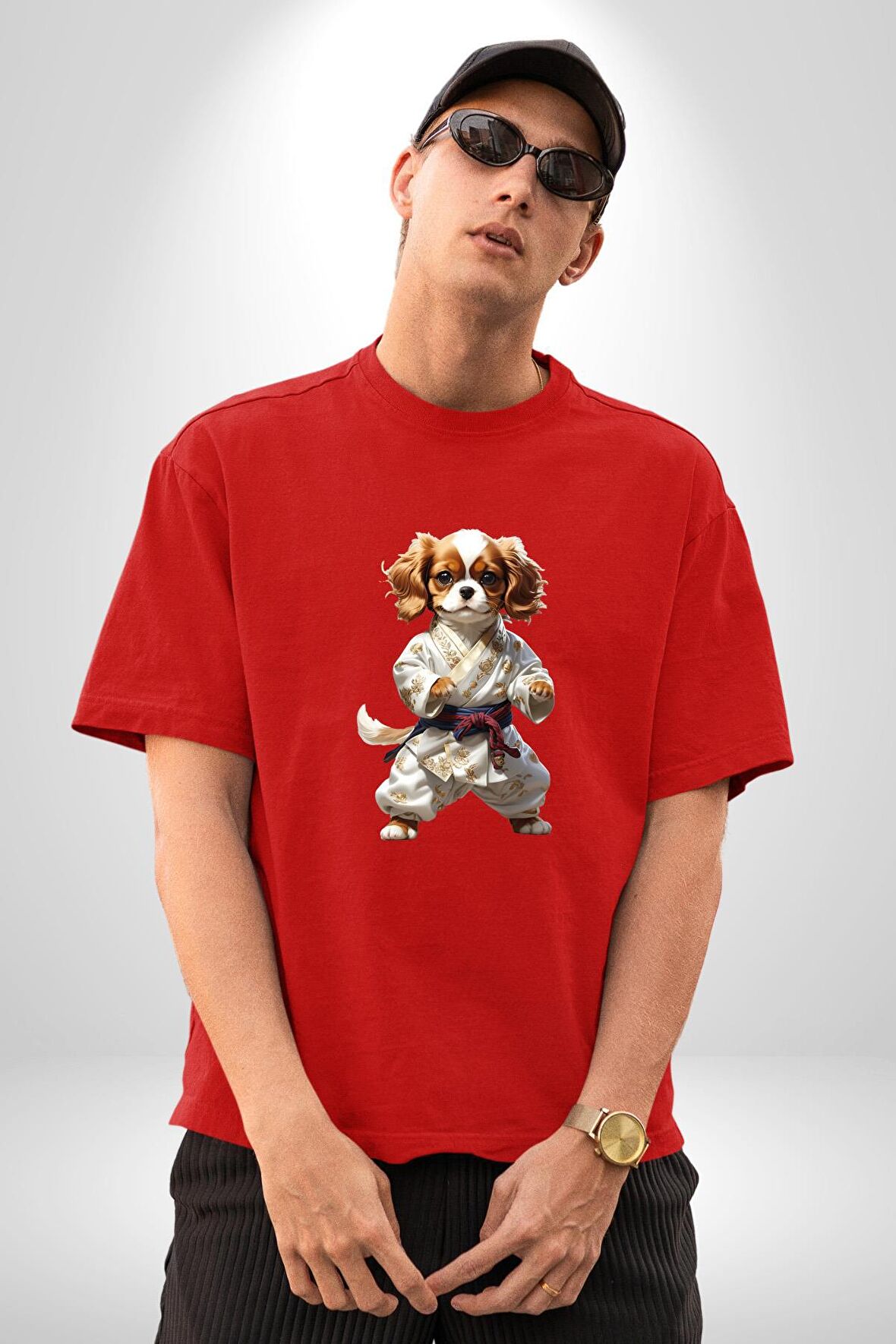 Cavailer King Charles Spaniel Karate Pamuklu Bisiklet Yaka Kadın Erkek Oversize Boyfriend Dijital Baskılı Kırmızı T-Shirt