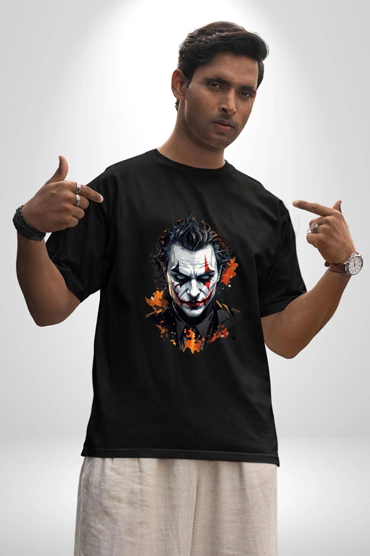 Yapay Zeka Joker  Pamuklu Bisiklet Yaka Kadın Erkek Oversize Boyfriend Dijital Baskılı Siyah T-shirt