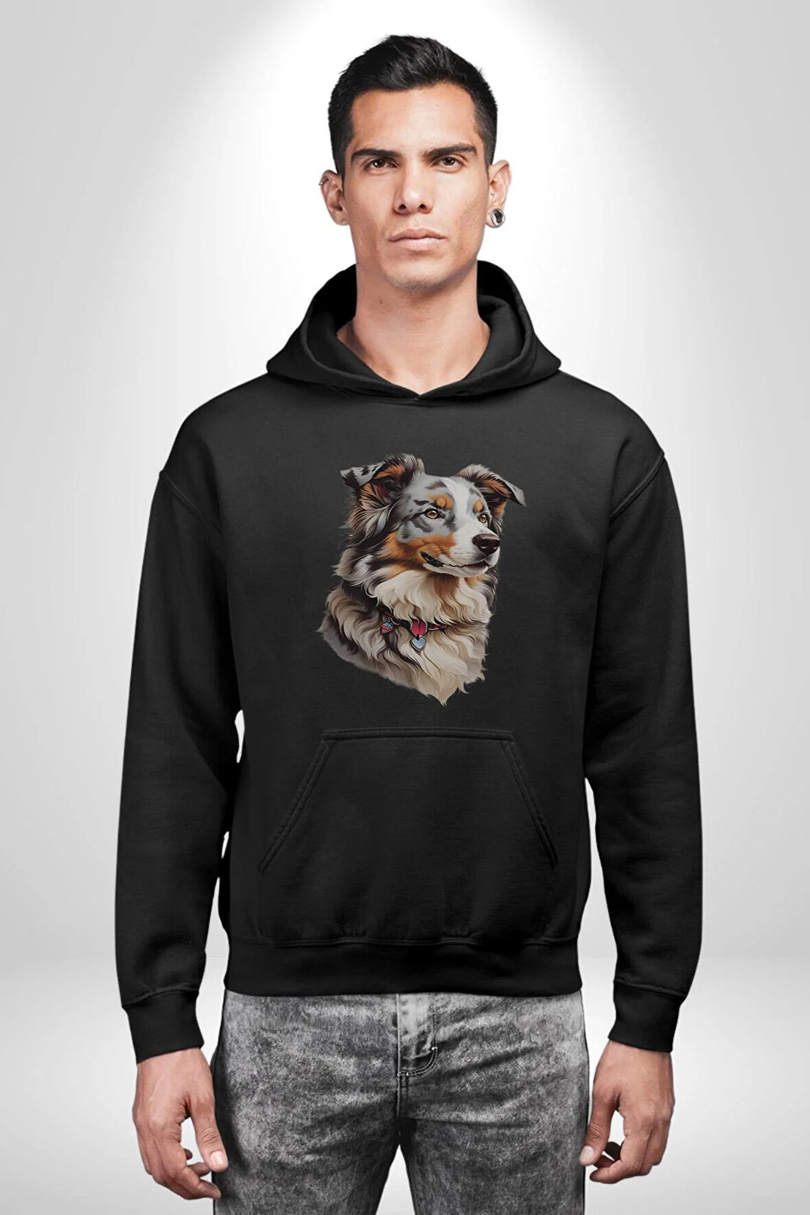 Australian Shepherd Köpek  Kadın Erkek  Siyah Kapüşonlu Sweatshirt Hoodie