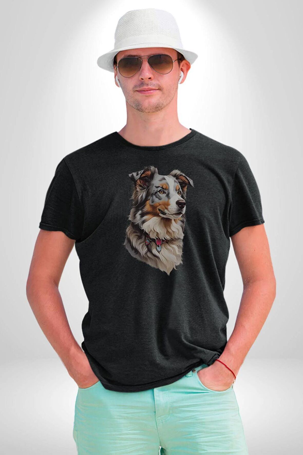 Australian Shepherd Köpek  Kadın Erkek Unisex Siyah Organik Baskılı T-Shirt Penye Yüksek Kalite
