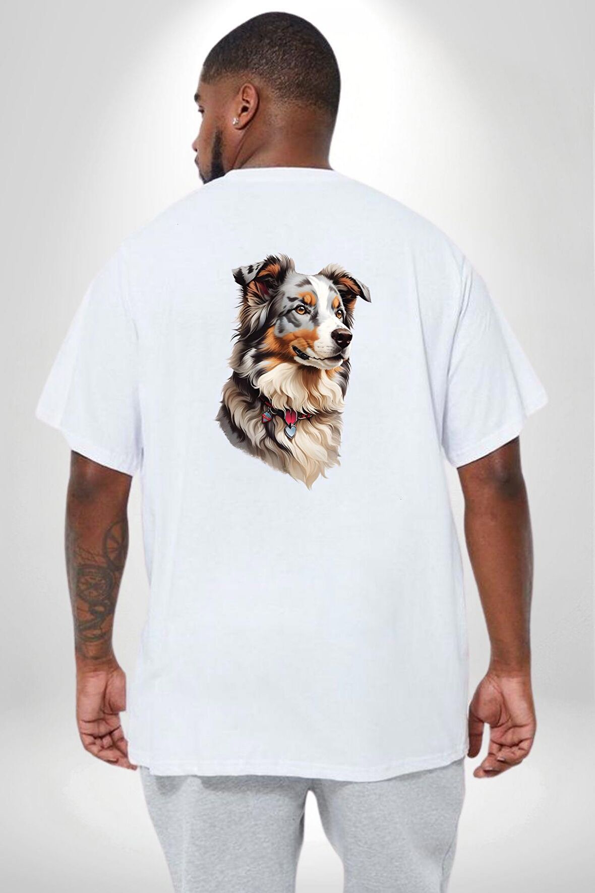 Australian Shepherd Köpek  Büyük Beden Beyaz Tişört Kadın Erkek Ünisex Sırt Baskılı