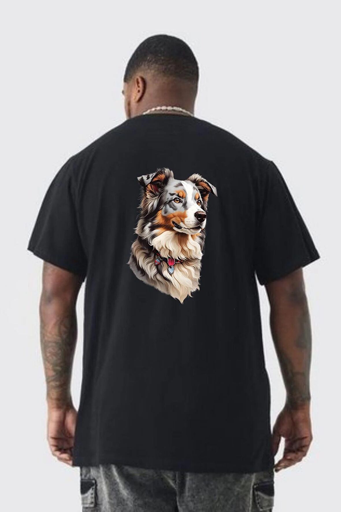 Australian Shepherd Köpek  Büyük Beden Siyah Tişört Kadın Erkek Ünisex Sırt Baskılı