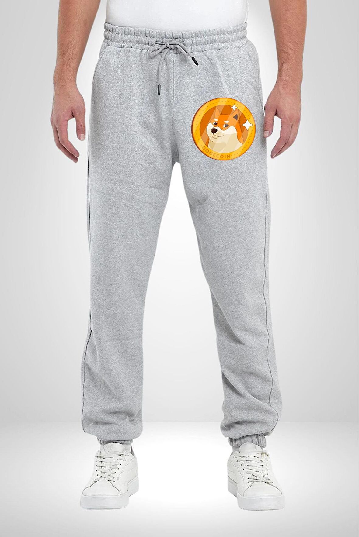Doge Coin Pamuklu 3 İplik Gri Eşofman Altı Erkek Oversize Kesim Dijital Baskılı