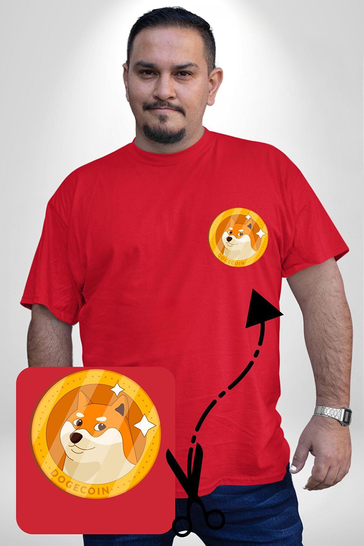 Doge Coin Kırmızı Büyük Beden Kadın Basic Minimal Baskılı Tişört