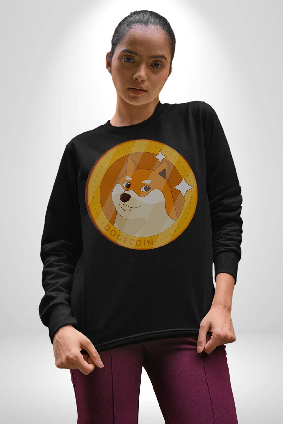 Doge Coin Kadın Erkek  Siyah Baskılı Sweatshirt 