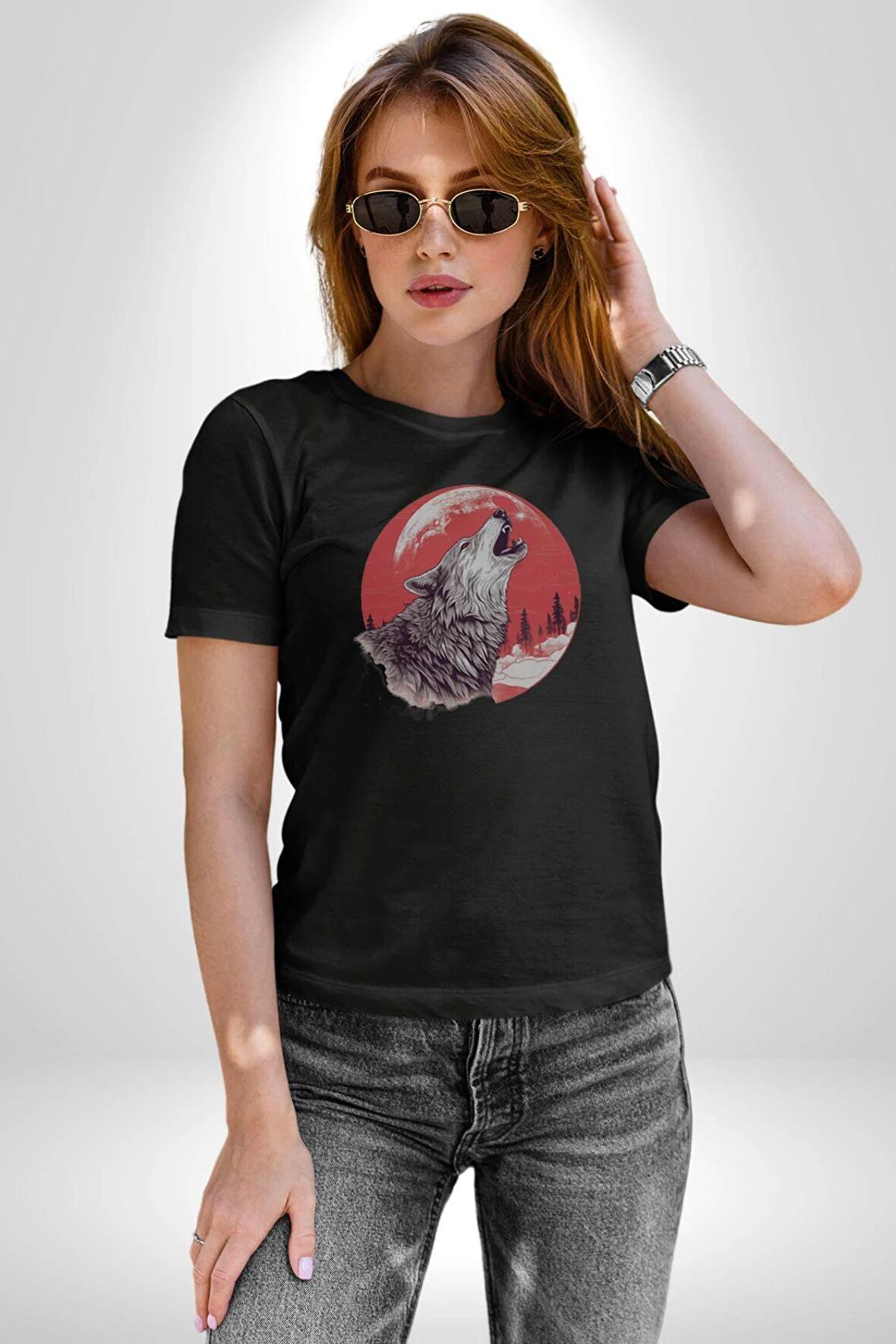 Uluyan Siyah Kurt Kadın Erkek Unisex Siyah Organik Baskılı T-Shirt Penye Yüksek Kalite