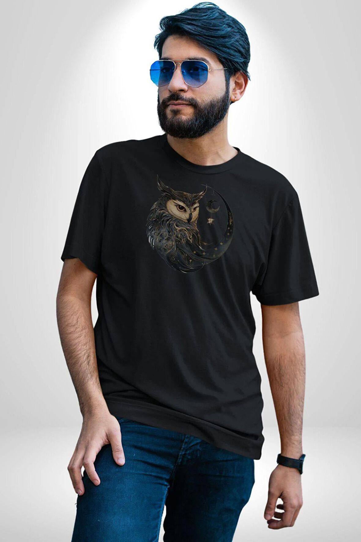Ay Yıldız Bakır Renk Baykuş Kadın Erkek Unisex Siyah Organik Baskılı T-Shirt Penye Yüksek Kalite