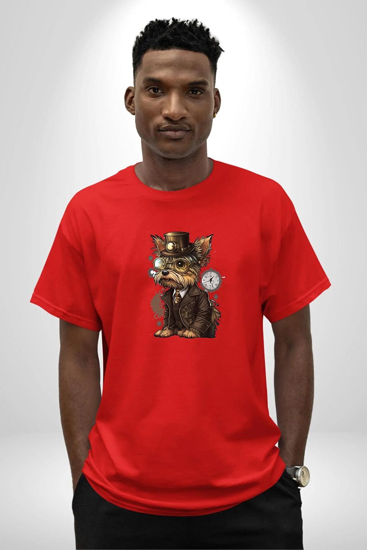 İş İnsanı Yorkshire Zamanda Yolculuk Pamuklu Bisiklet Yaka Kadın Erkek Oversize Boyfriend Dijital Baskılı Kırmızı T-Shirt