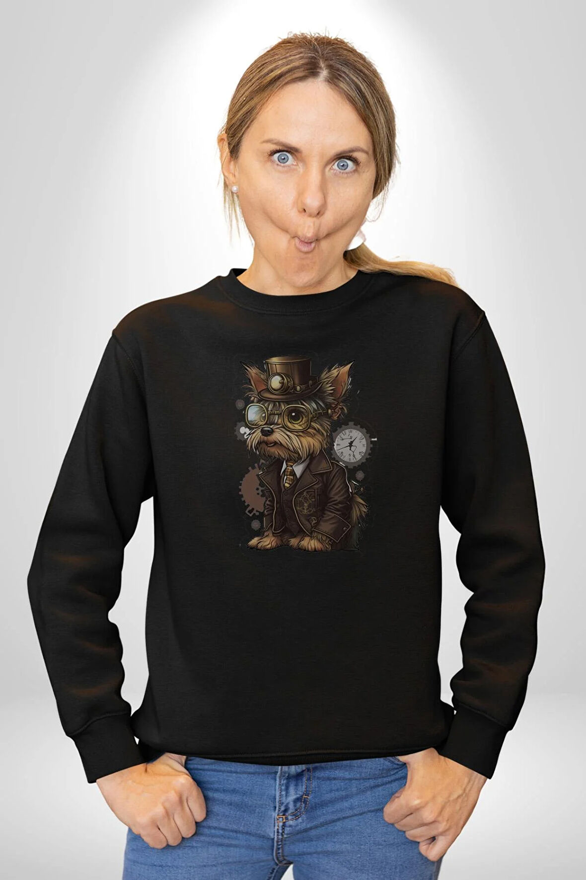 İş İnsanı Yorkshire Zamanda Yolculuk Kadın Erkek  Siyah Baskılı Sweatshirt 