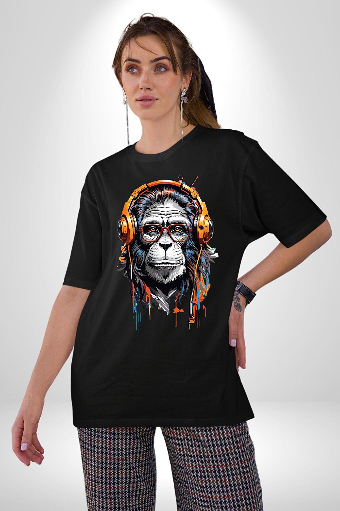 Kulaklık Maymun Müzik Dinliyor Pamuklu Bisiklet Yaka Kadın Erkek Oversize Boyfriend Dijital Baskılı Siyah T-shirt