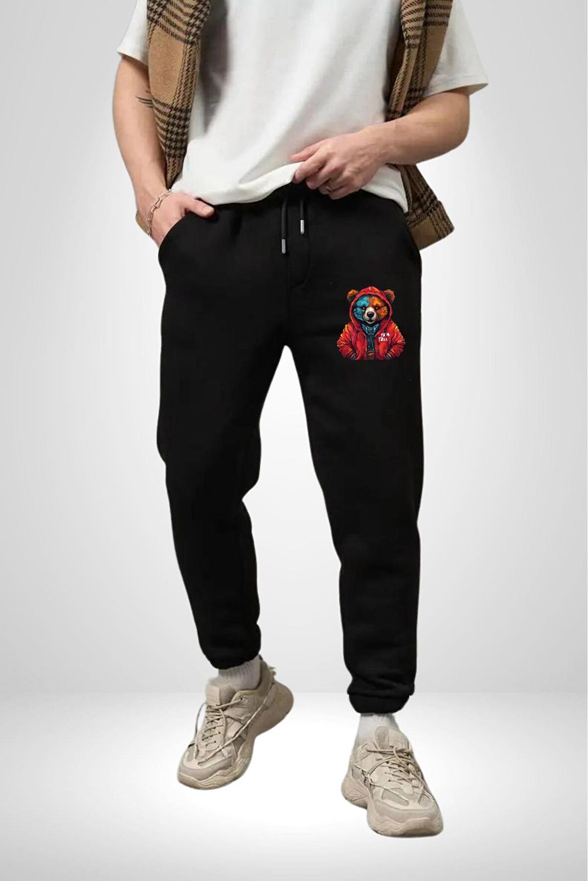 Kırmızı Hoodie Ayı  Pamuklu 3 İplik Siyah Eşofman Altı Erkek Oversize Kesim Dijital Baskılı