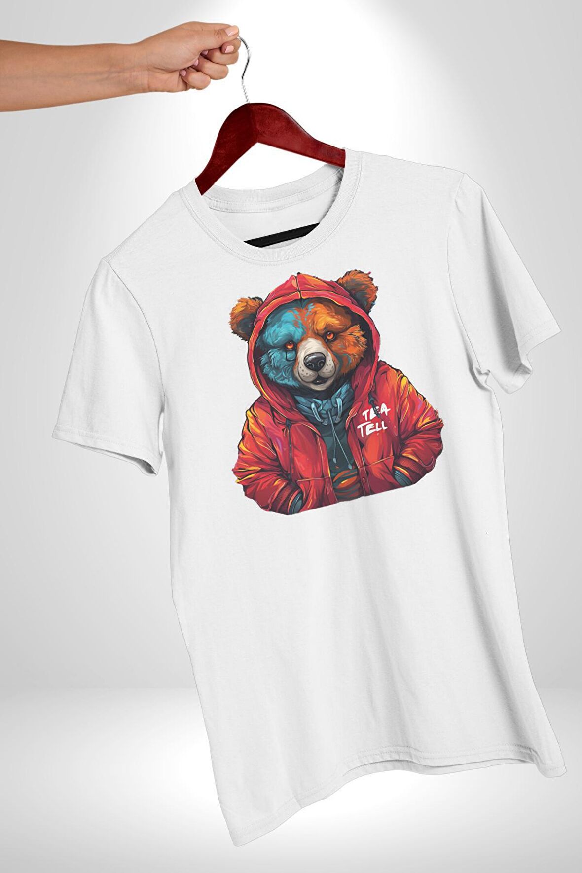 Kırmızı Hoodie Ayı  Kadın Erkek Unisex Beyaz Organik Baskılı T-Shirt Penye Yüksek Kalite