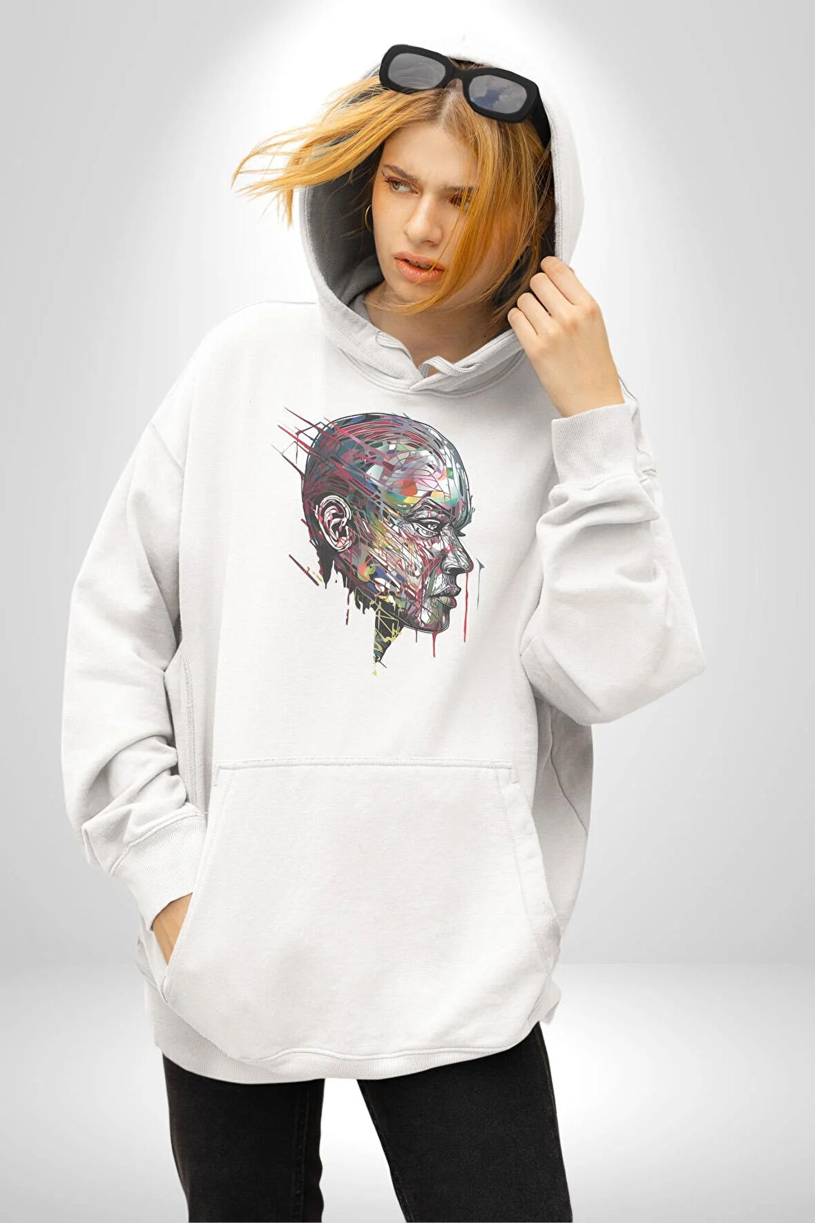 İnsan Kafası Sulu Boya  Kadın Erkek  Beyaz Kapüşonlu Sweatshirt Hoodie