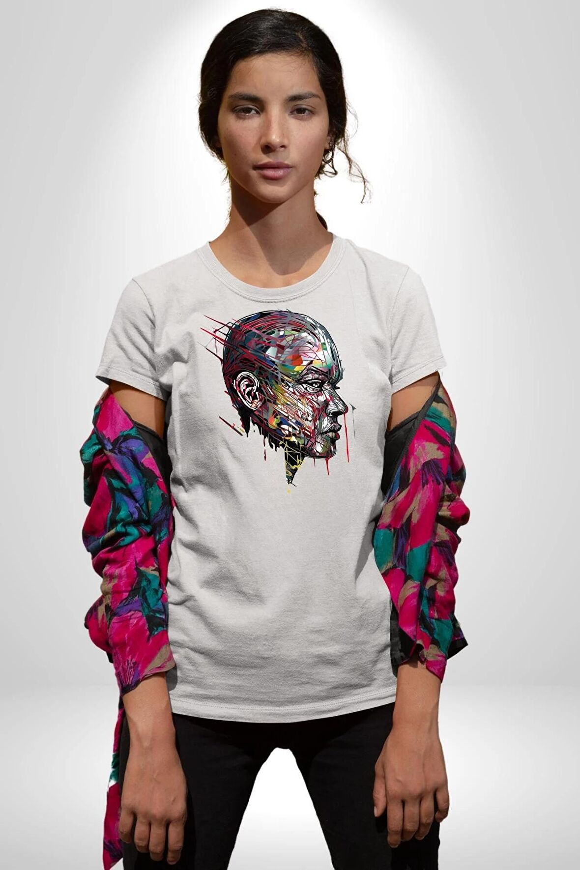 İnsan Kafası Sulu Boya  Kadın Erkek Unisex Beyaz Organik Baskılı T-Shirt Penye Yüksek Kalite
