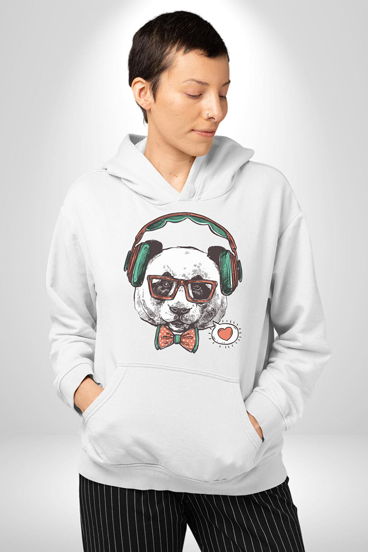 Kulaklıklı Hipster Portre Panda Kadın Erkek  Beyaz Kapüşonlu Sweatshirt Hoodie