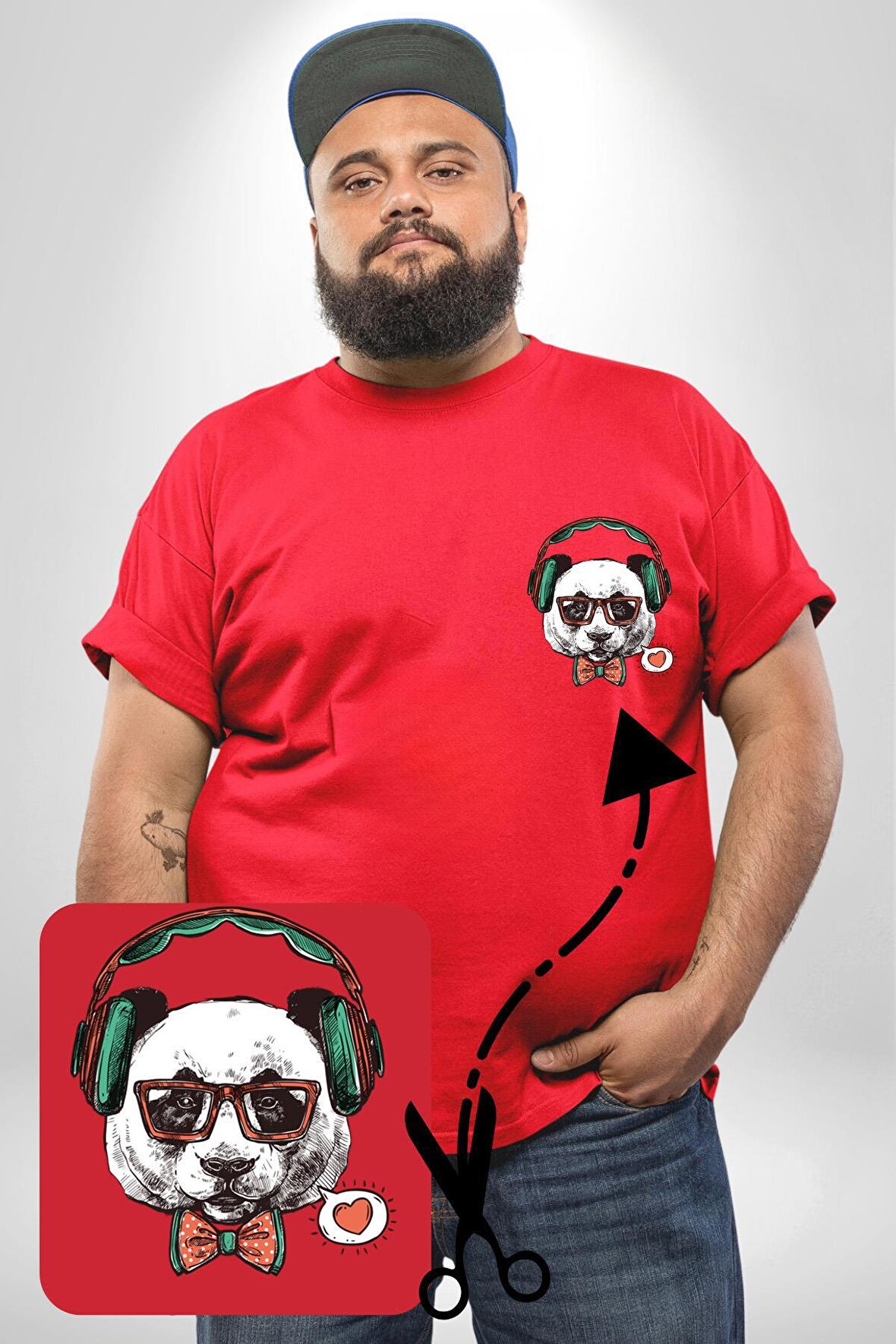 Kulaklıklı Hipster Portre Panda Kırmızı Büyük Beden Kadın Basic Minimal Baskılı Tişört