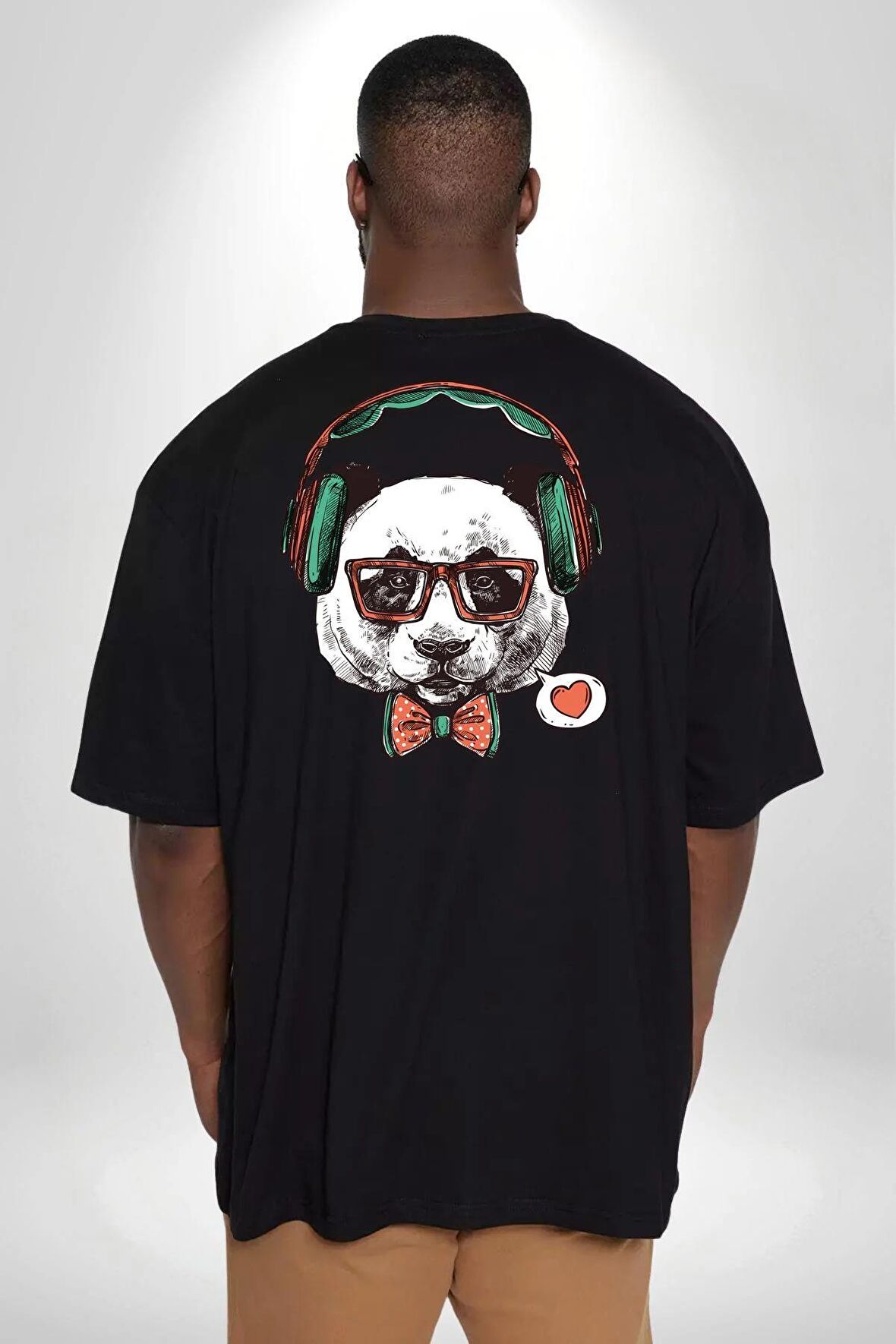 Kulaklıklı Hipster Portre Panda Büyük Beden Siyah Tişört Kadın Erkek Ünisex Sırt Baskılı