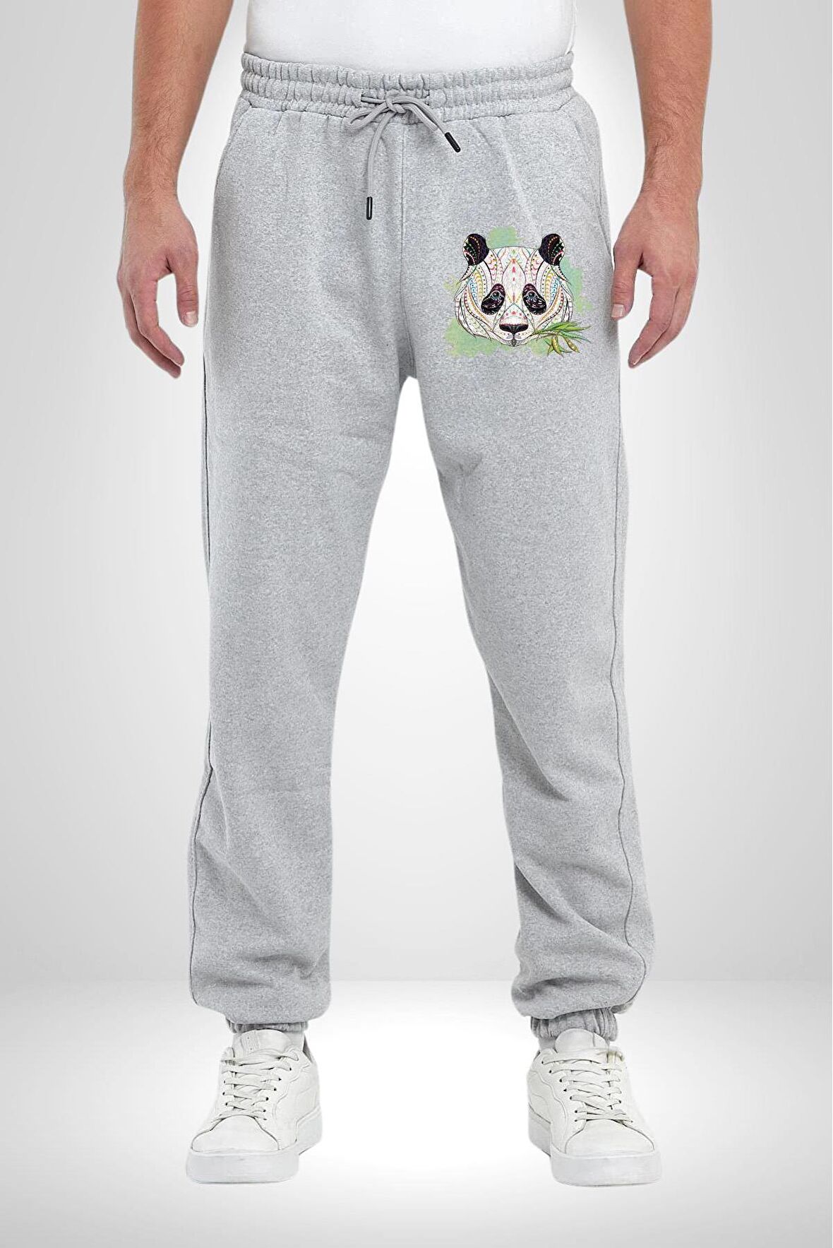Panda Mandala  Pamuklu 3 İplik Gri Eşofman Altı Erkek Oversize Kesim Dijital Baskılı
