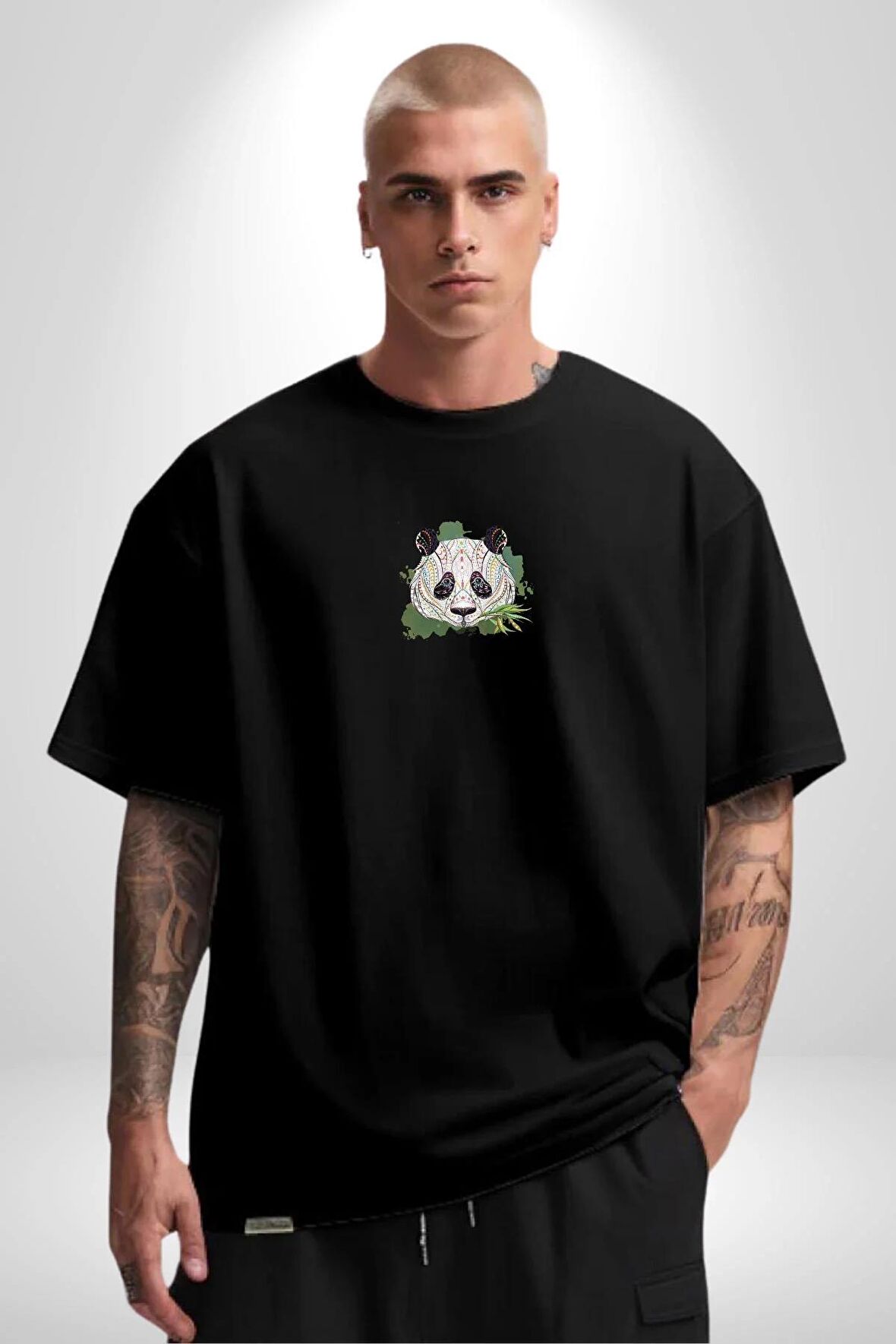 Panda Mandala  Siyah Oversize Kadın Erkek Ön Orta Minimal Baskılı Tişört