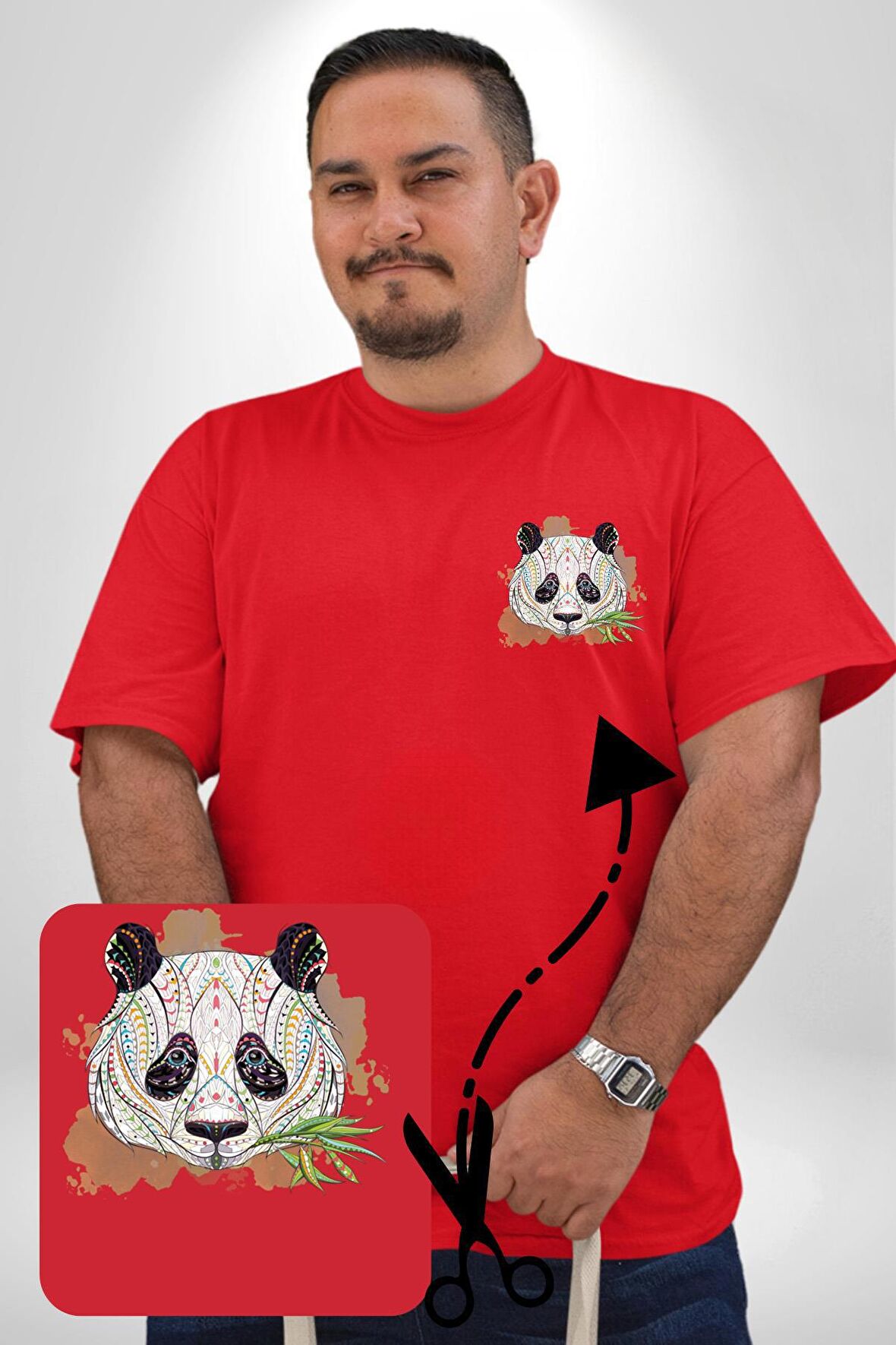 Panda Mandala  Kırmızı Büyük Beden Kadın Basic Minimal Baskılı Tişört