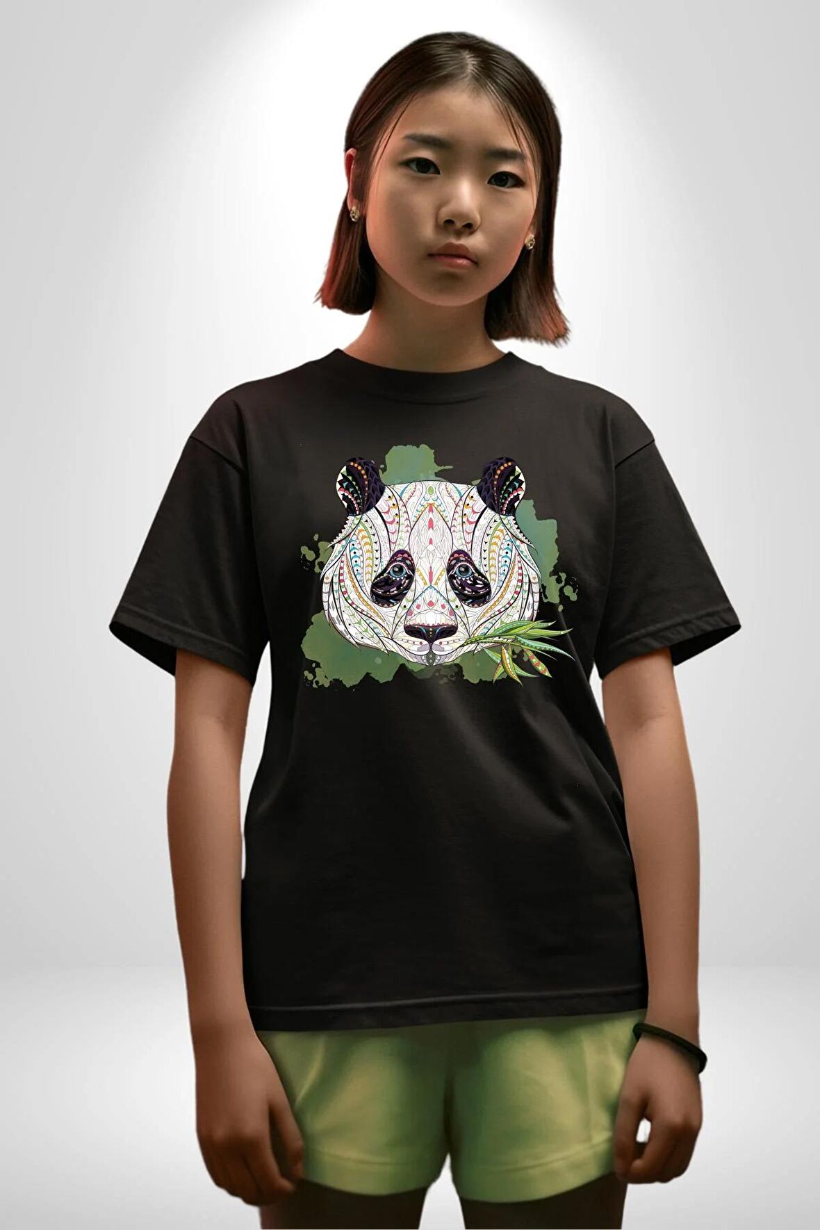 Panda Mandala  Pamuklu Bisiklet Yaka Kadın Erkek Oversize Boyfriend Dijital Baskılı Siyah T-shirt