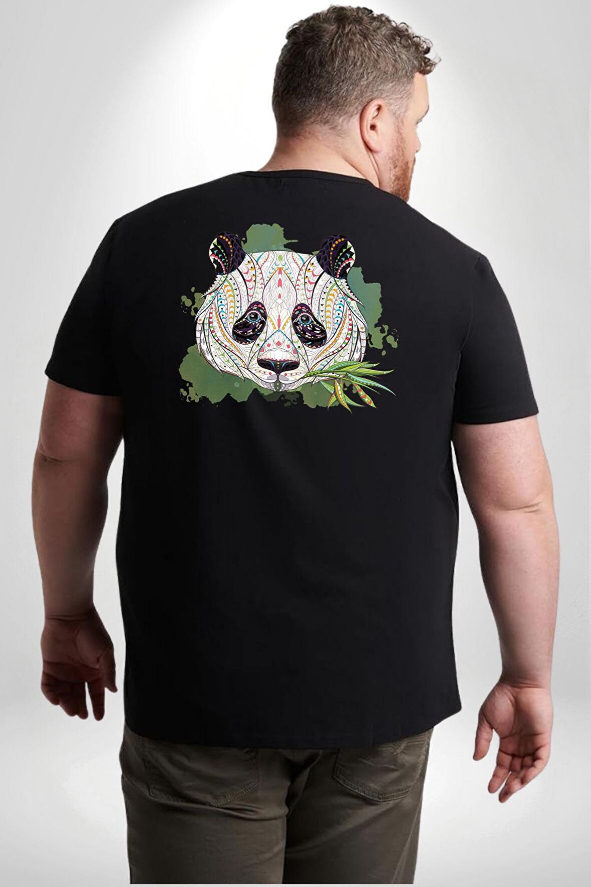 Panda Mandala  Büyük Beden Siyah Tişört Kadın Erkek Ünisex Sırt Baskılı