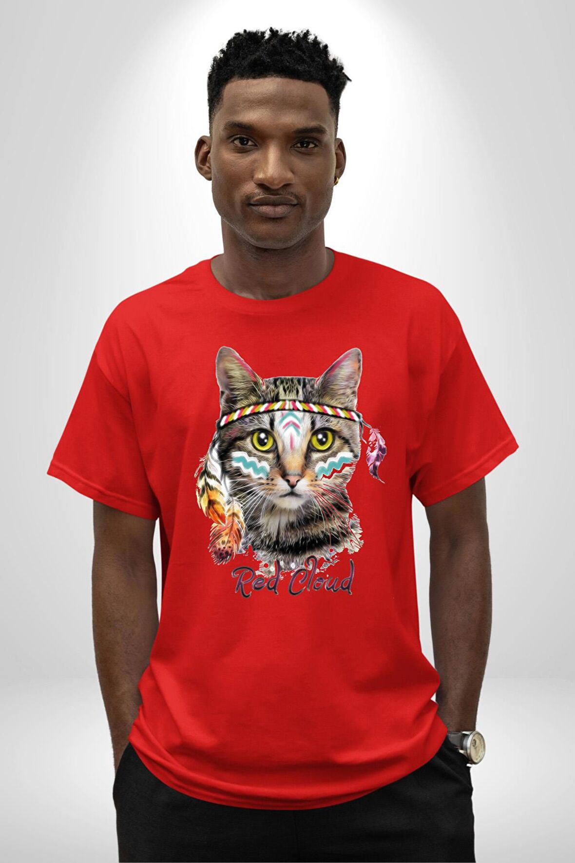 Red Cloud Kedi Hintli Pamuklu Bisiklet Yaka Kadın Erkek Oversize Boyfriend Dijital Baskılı Kırmızı T-Shirt