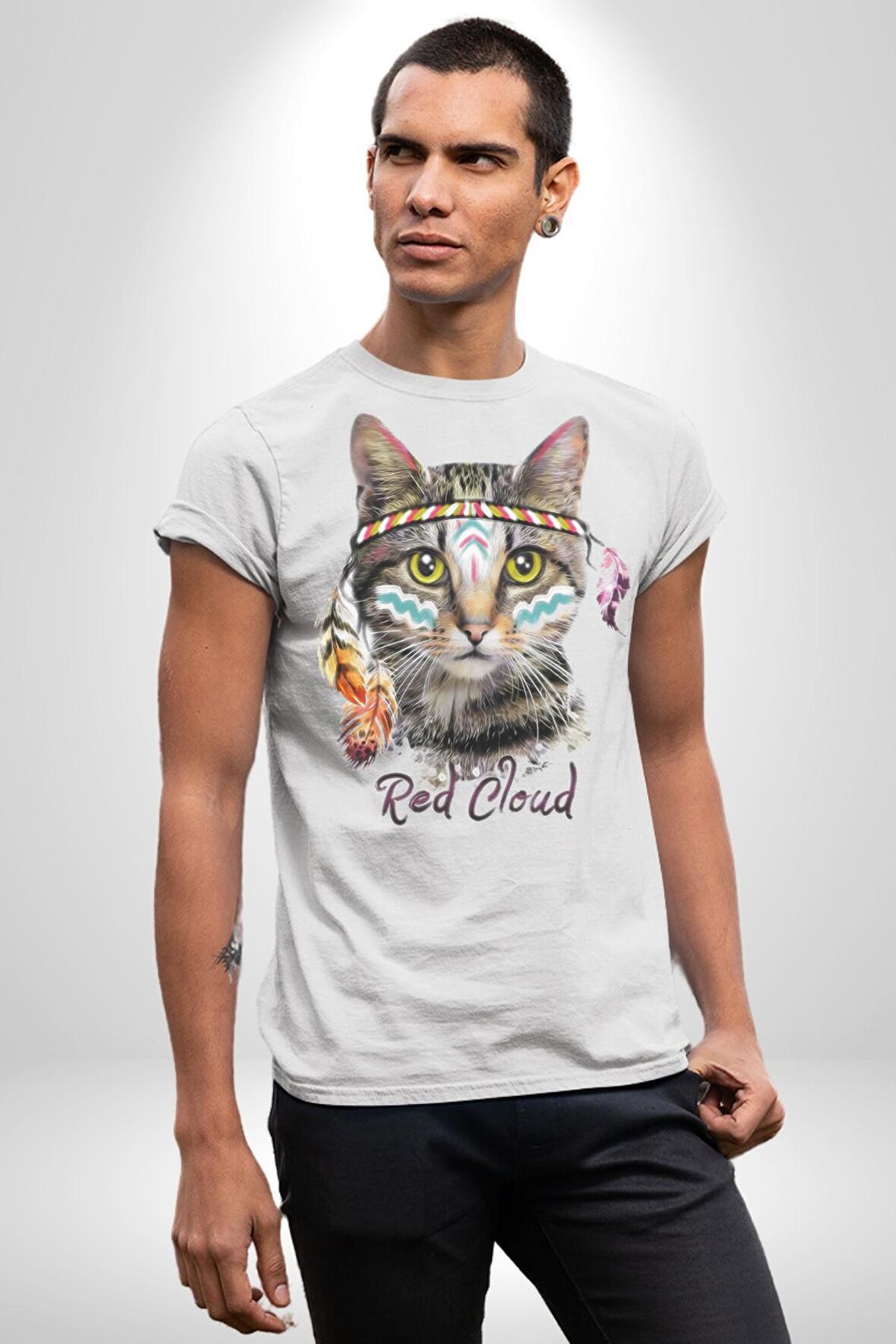 Red Cloud Kedi Hintli Kadın Erkek Unisex Beyaz Organik Baskılı T-Shirt Penye Yüksek Kalite