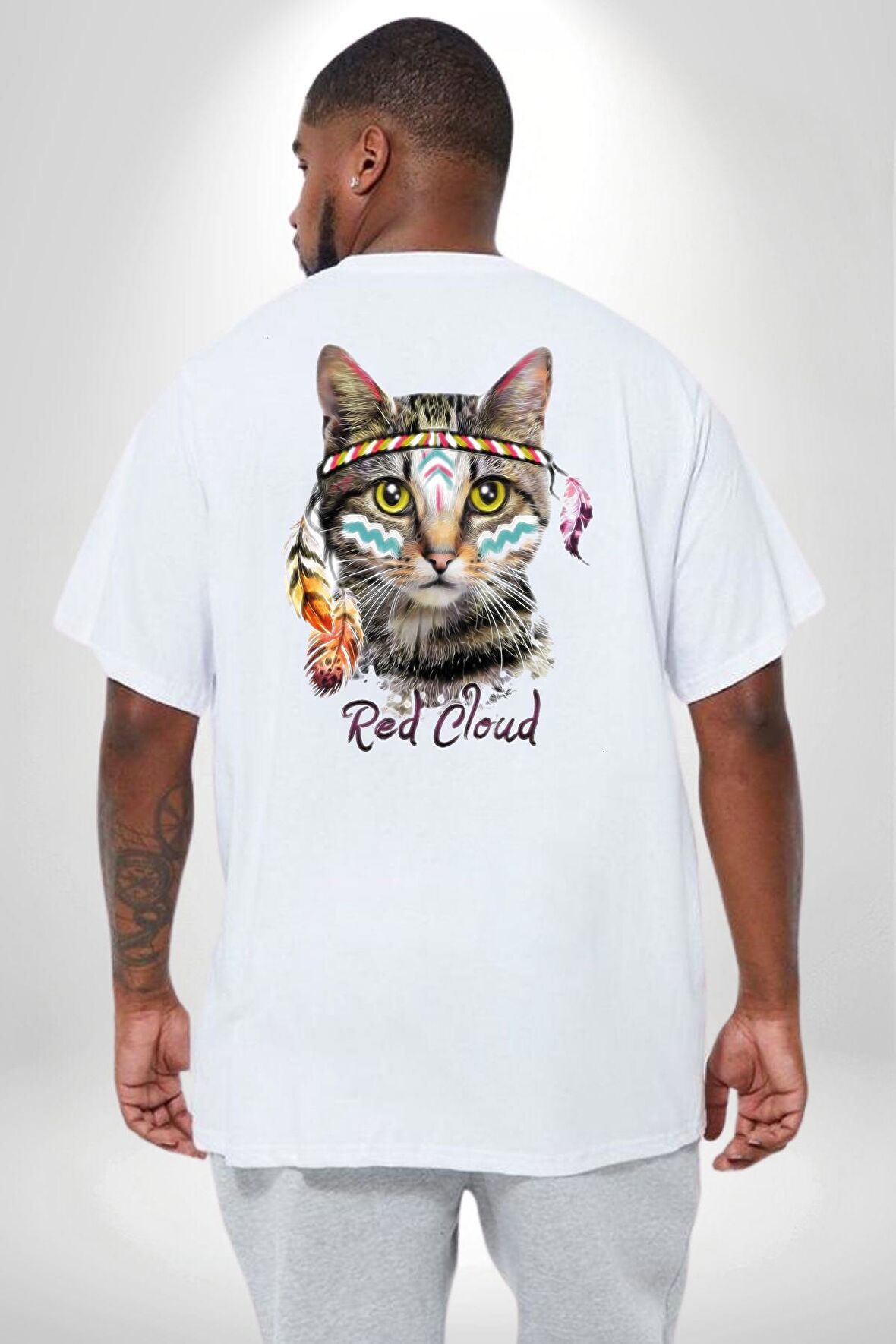 Red Cloud Kedi Hintli Büyük Beden Beyaz Tişört Kadın Erkek Ünisex Sırt Baskılı