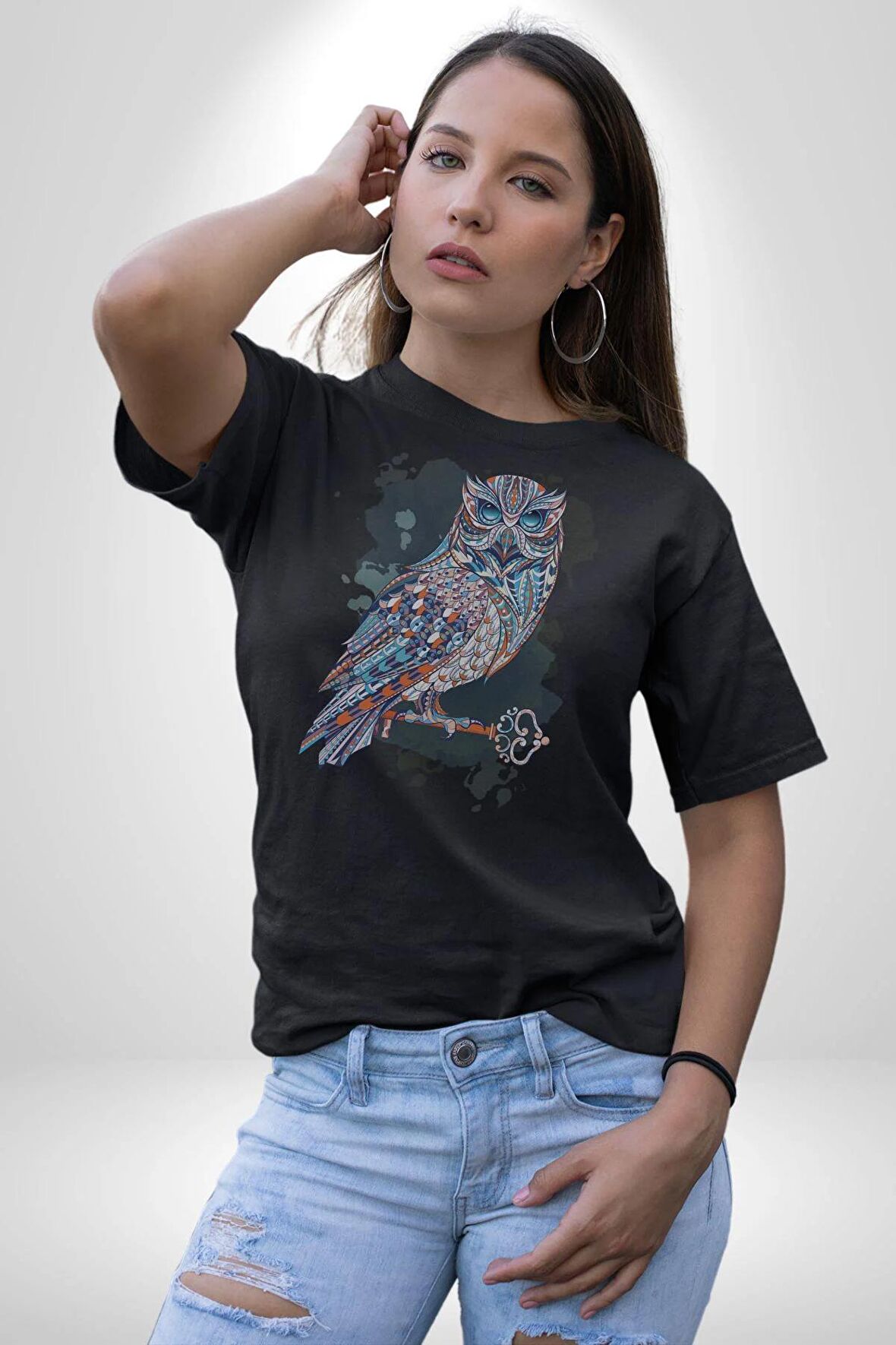 Anahtar Baykuş Tuval   Kadın Erkek Unisex Siyah Organik Baskılı T-Shirt Penye Yüksek Kalite
