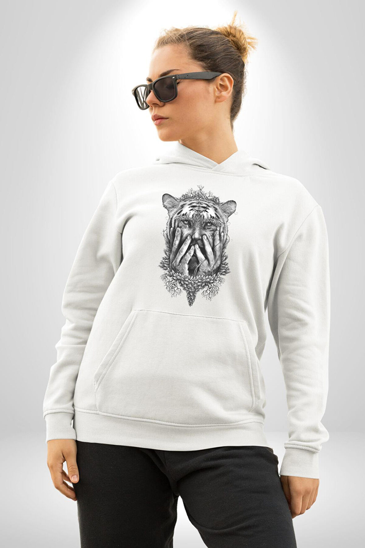 Yarım İnsan Yarım Leopar Mutant Leopar Kral Kadın Erkek  Beyaz Kapüşonlu Sweatshirt Hoodie