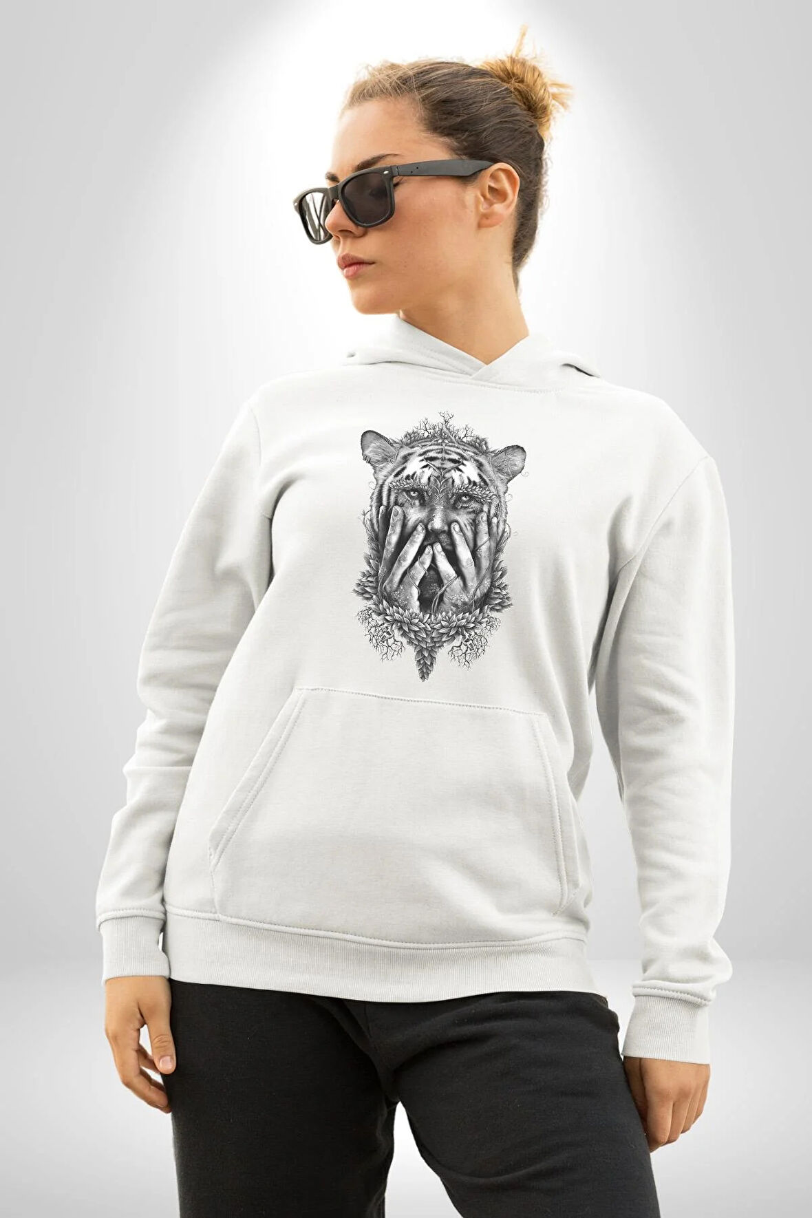 Yarım İnsan Yarım Leopar Mutant Leopar Kral Kadın Erkek  Beyaz Kapüşonlu Sweatshirt Hoodie