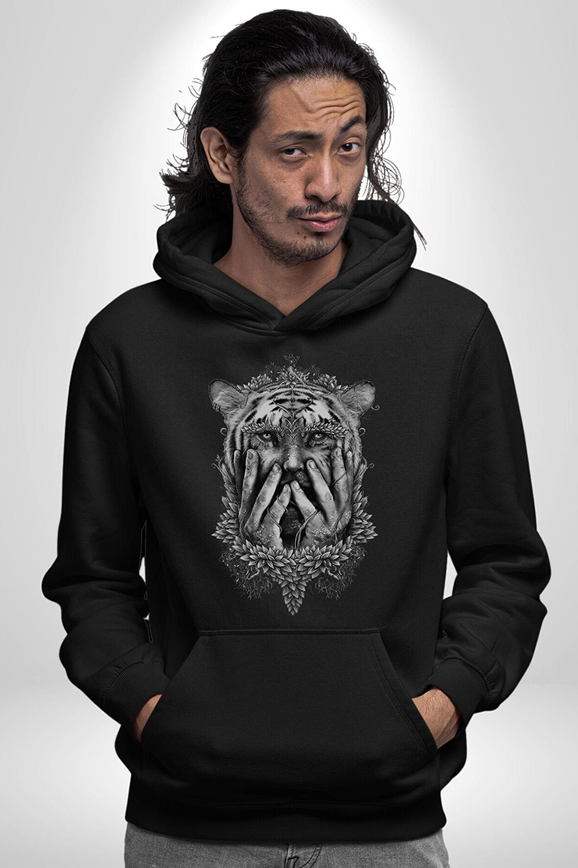 Yarım İnsan Yarım Leopar Mutant Leopar Kral Kadın Erkek  Siyah Kapüşonlu Sweatshirt Hoodie
