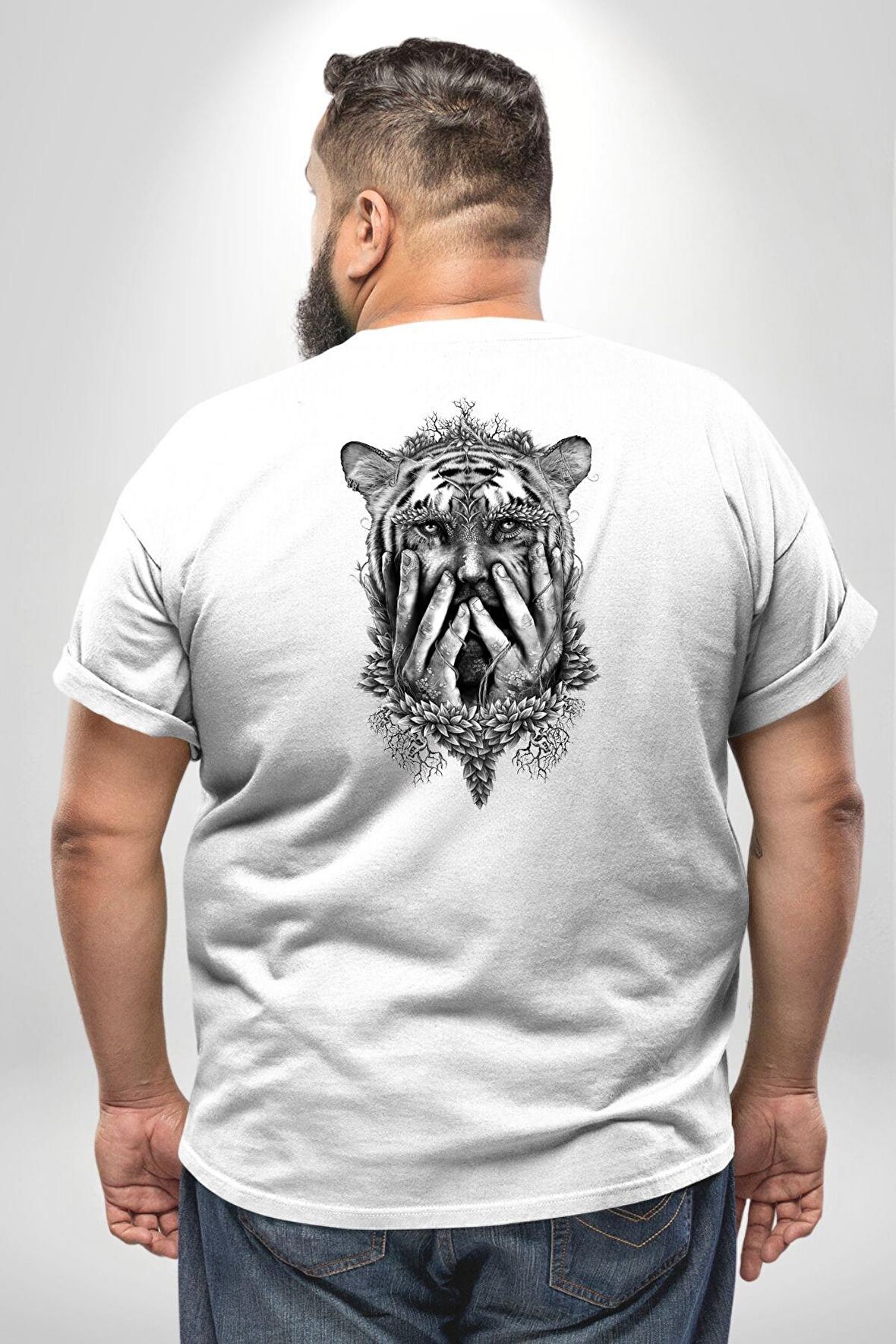 Yarım İnsan Yarım Leopar Mutant Leopar Kral Büyük Beden Beyaz Tişört Kadın Erkek Ünisex Sırt Baskılı