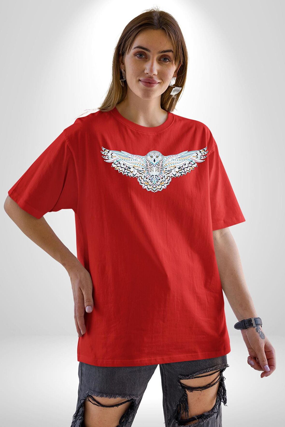 Harry Potter Beyaz Baykuş Dövme  Pamuklu Bisiklet Yaka Kadın Erkek Oversize Boyfriend Dijital Baskılı Kırmızı T-Shirt