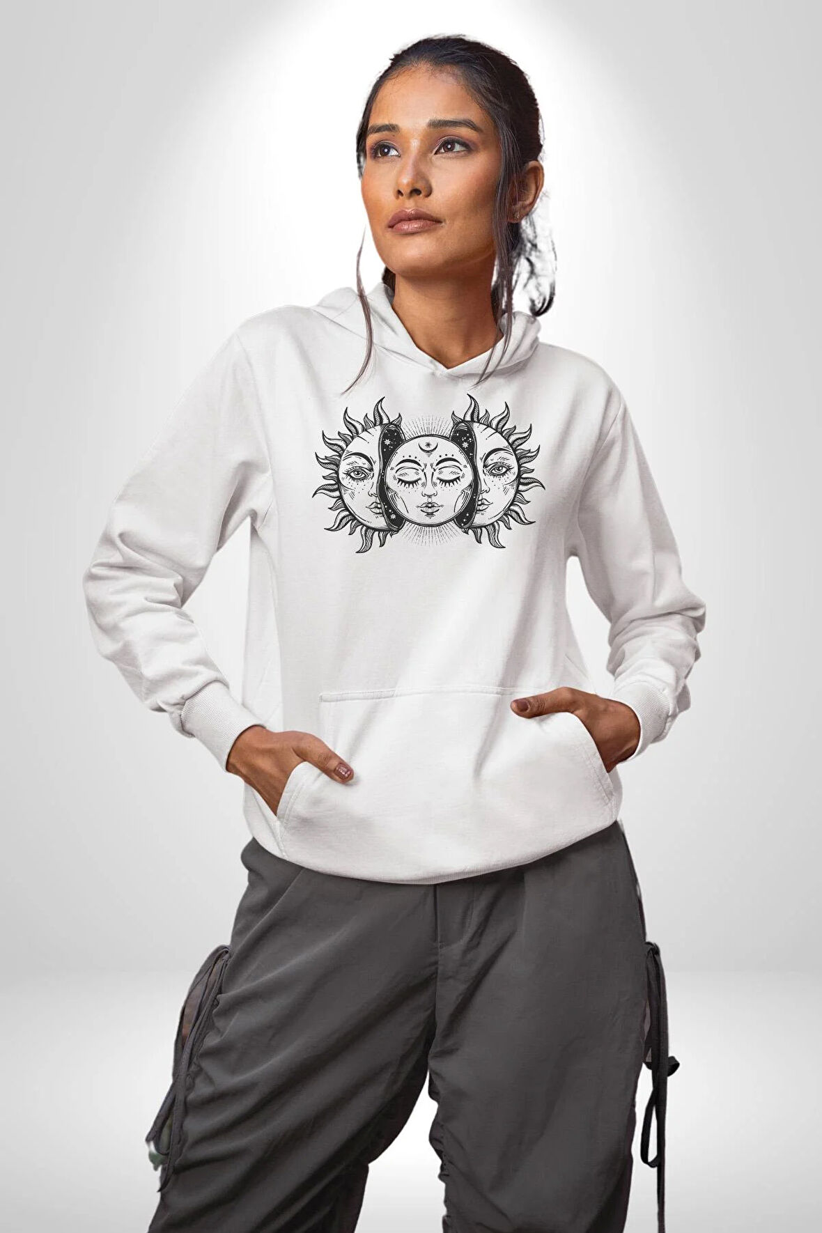 Ay ve Güneş Retro  Kadın Erkek  Beyaz Kapüşonlu Sweatshirt Hoodie