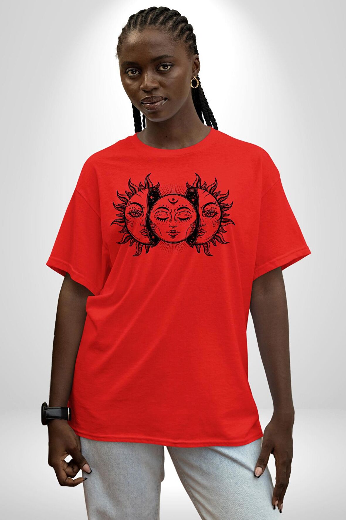 Ay ve Güneş Retro  Pamuklu Bisiklet Yaka Kadın Erkek Oversize Boyfriend Dijital Baskılı Kırmızı T-Shirt