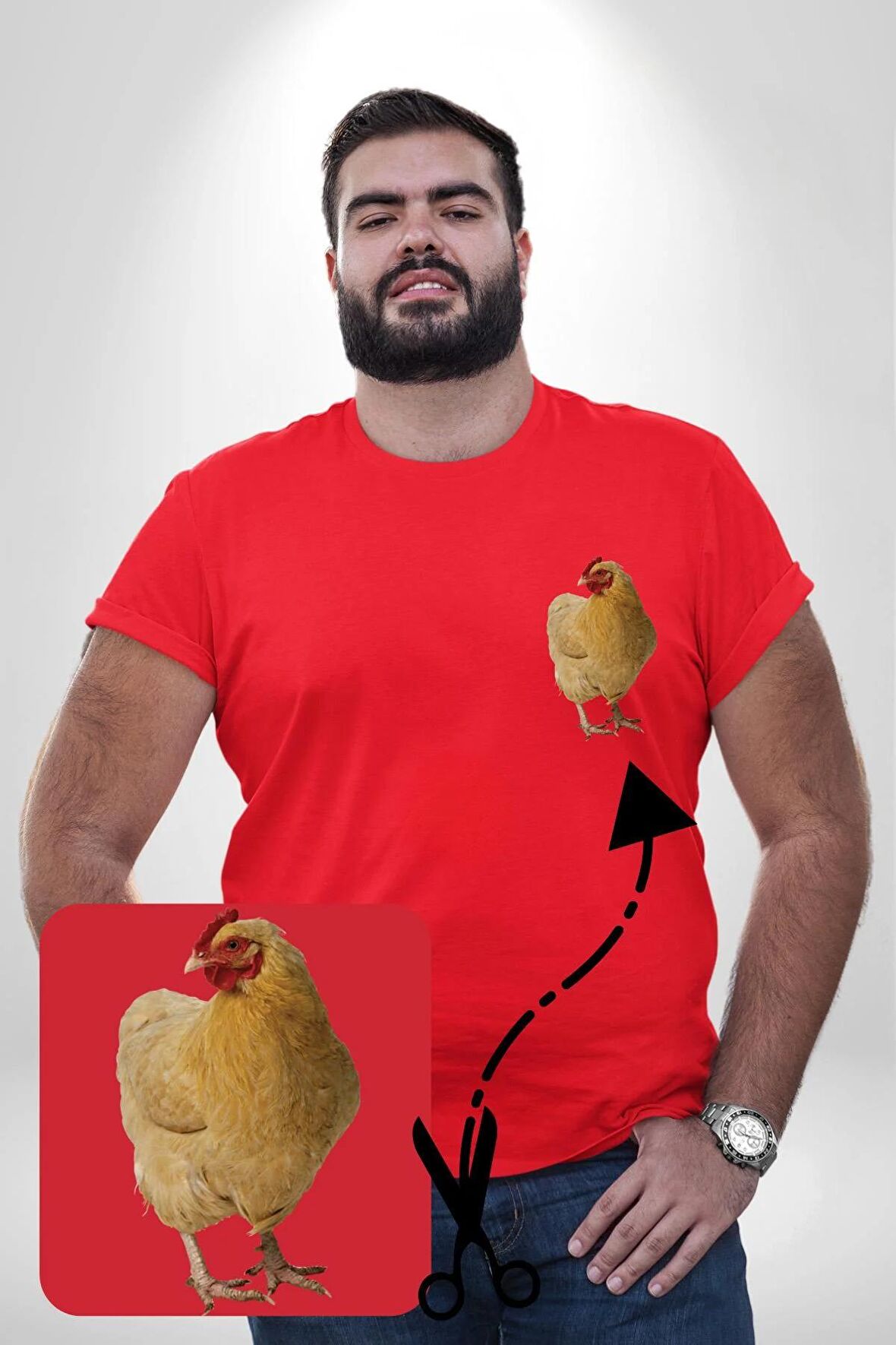 Tavuk Kırmızı Büyük Beden Kadın Basic Minimal Baskılı Tişört