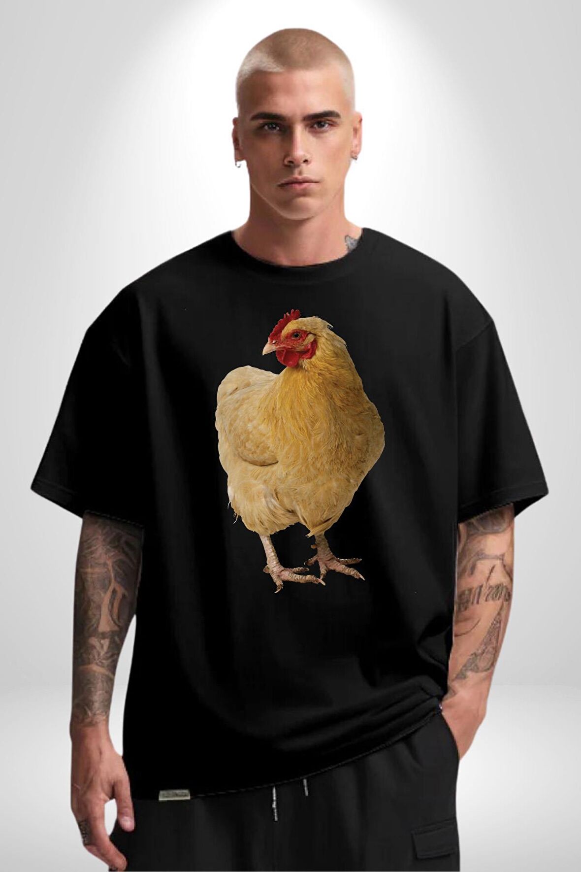 Tavuk Pamuklu Bisiklet Yaka Kadın Erkek Oversize Boyfriend Dijital Baskılı Siyah T-shirt