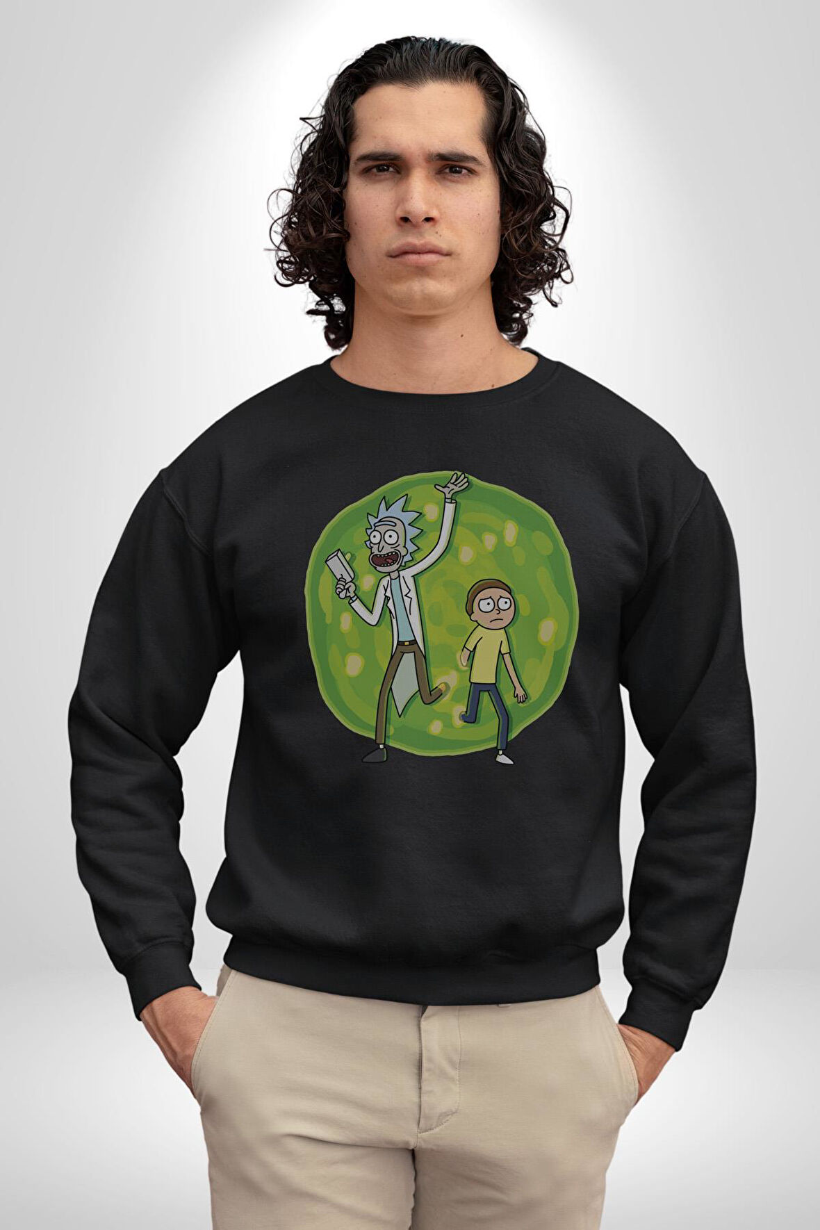 Rick And Morty Portal Kadın Erkek  Siyah Baskılı Sweatshirt 