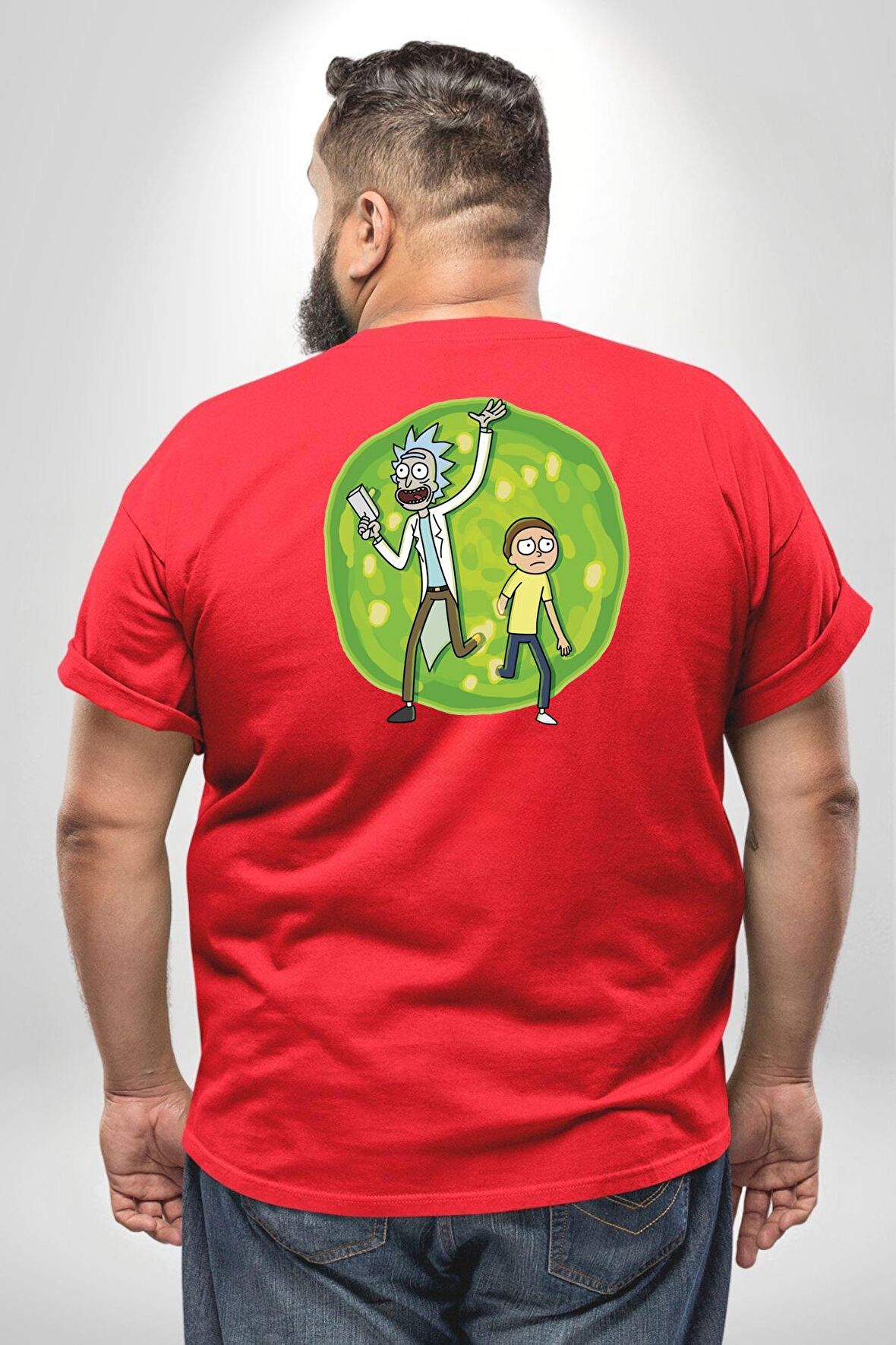 Rick And Morty Portal Büyük Beden Kırmızı Tişört Kadın Erkek Ünisex Sırt Baskılı