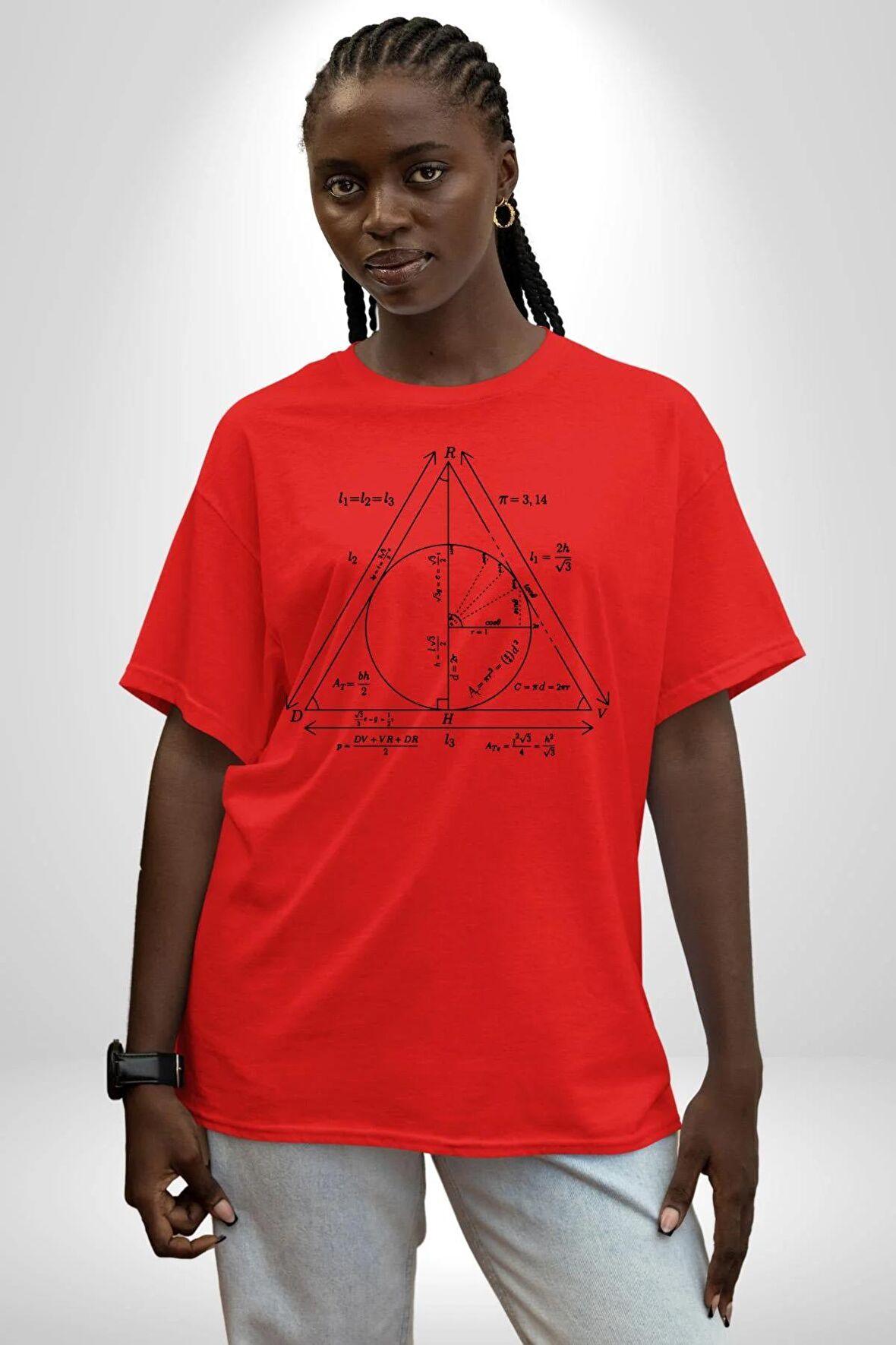 Pisagor Çember Matematik Pamuklu Bisiklet Yaka Kadın Erkek Oversize Boyfriend Dijital Baskılı Kırmızı T-Shirt
