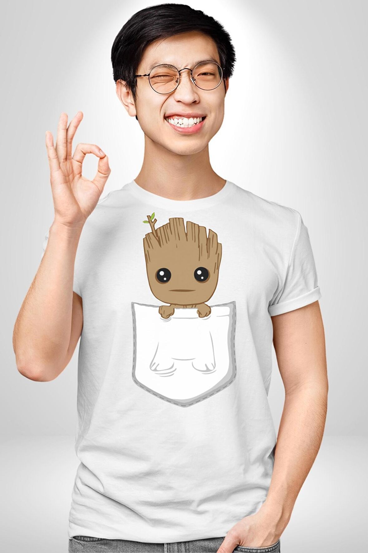 Minik Groot  Kadın Erkek Unisex Beyaz Organik Baskılı T-Shirt Penye Yüksek Kalite